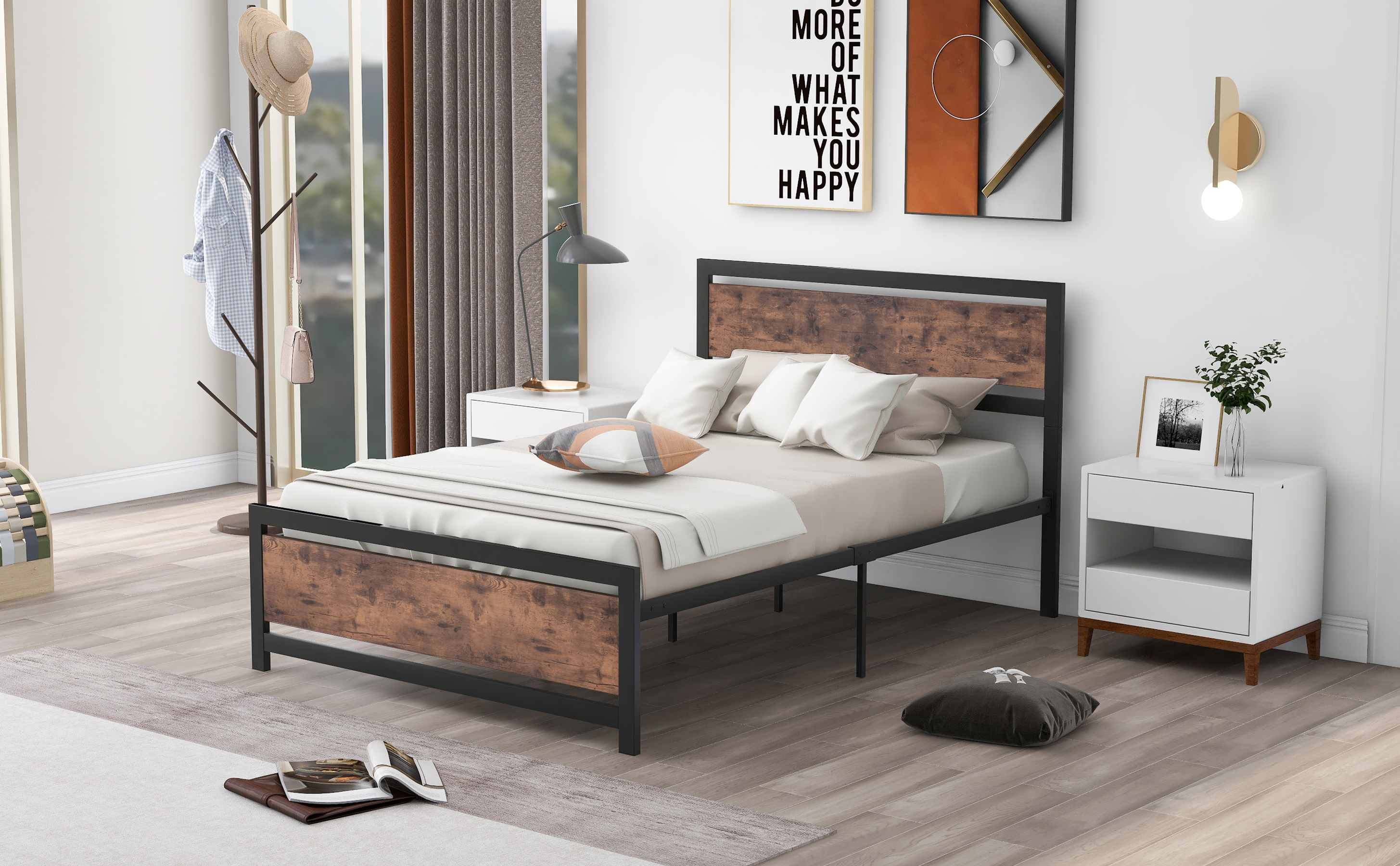 Metal and Wood Bed Frame with Headboard and Footboard, Full Size Platform Bed, No Box Spring Needed, Easy to Assemble (Black)