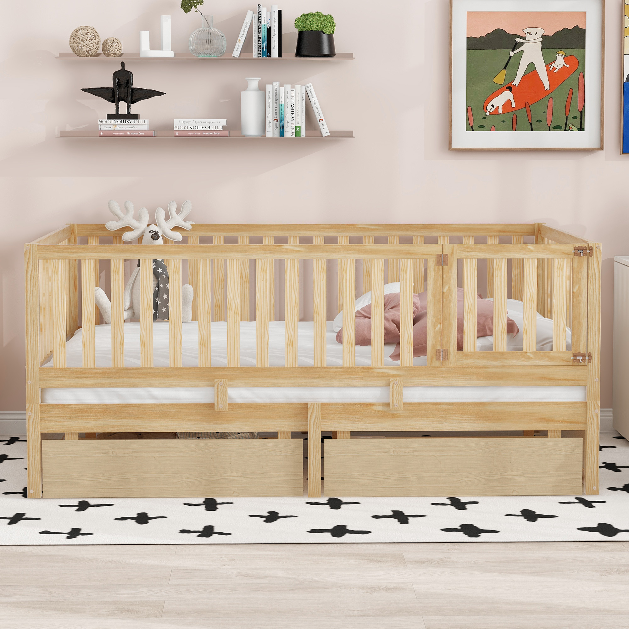 Full Size Wood Daybed with Fence Guardrails and 2 Drawers, Split into Independent Floor Bed & Daybed, Natural(OLD SKU :LP000882AAN)