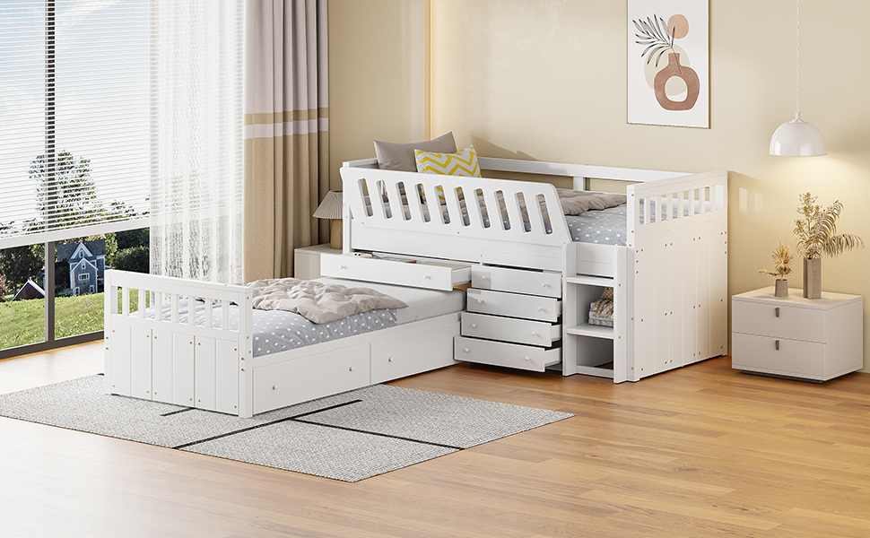 L-shaped  Space-Saving Twin Loft and  Twin  Platform Bed with 7 Drawers and Full Guardrails(WHITE)