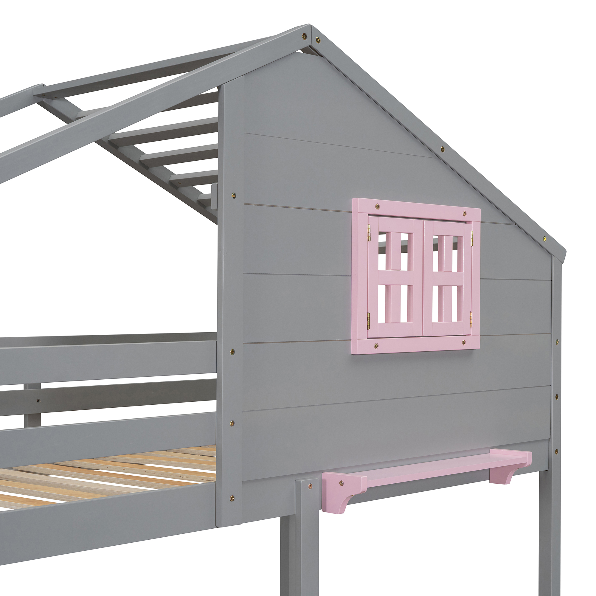 Twin over Twin Bunk Bed with 2 Drawers, 1 Storage Box, 1 Shelf, Window and Roof-Gray(OLD SKU:LT001608AAE)