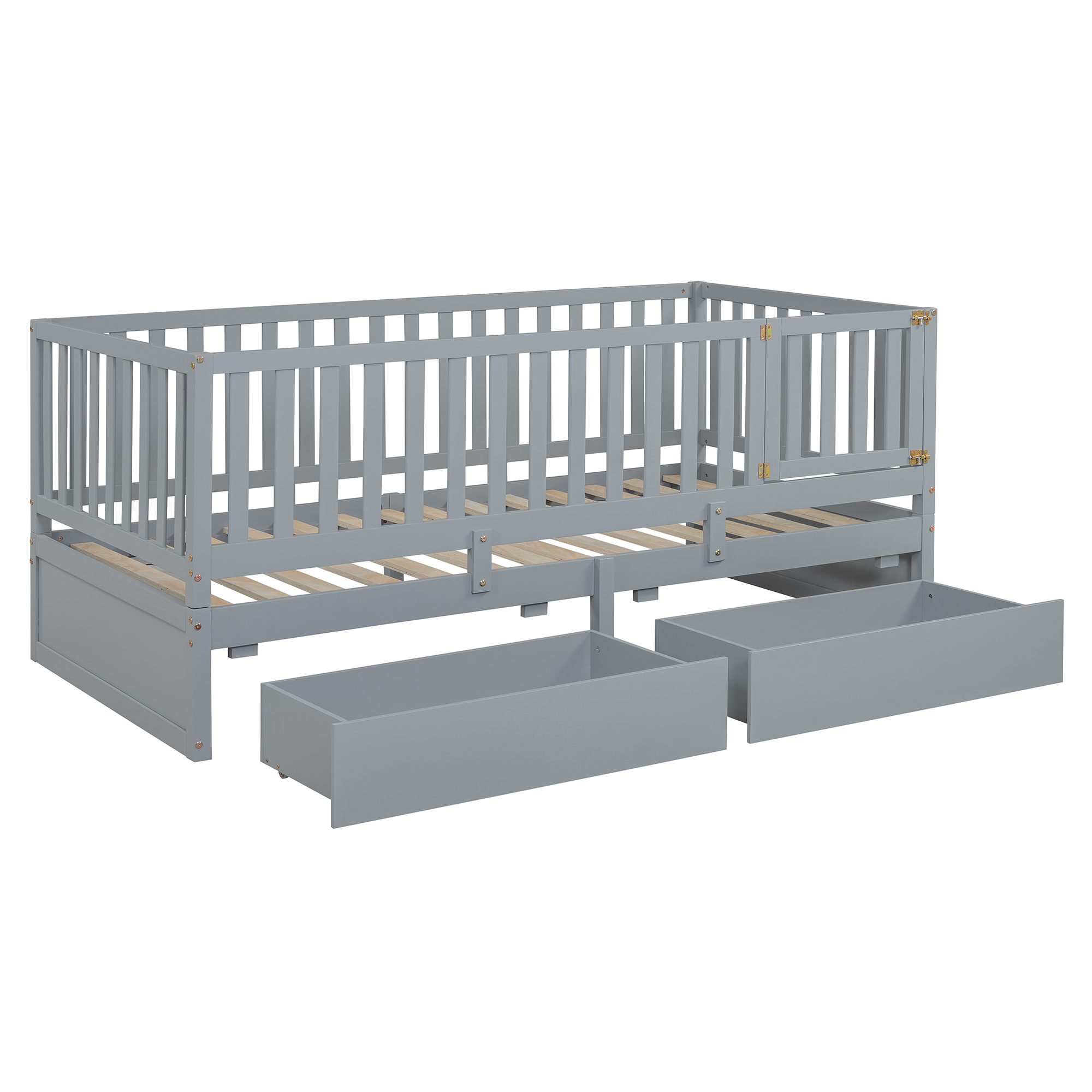 Twin Size Wood Daybed with Fence Guardrails and 2 Drawers, Split into Independent Floor Bed & Daybed, Gray(OLD SKU :LP000881AAE)