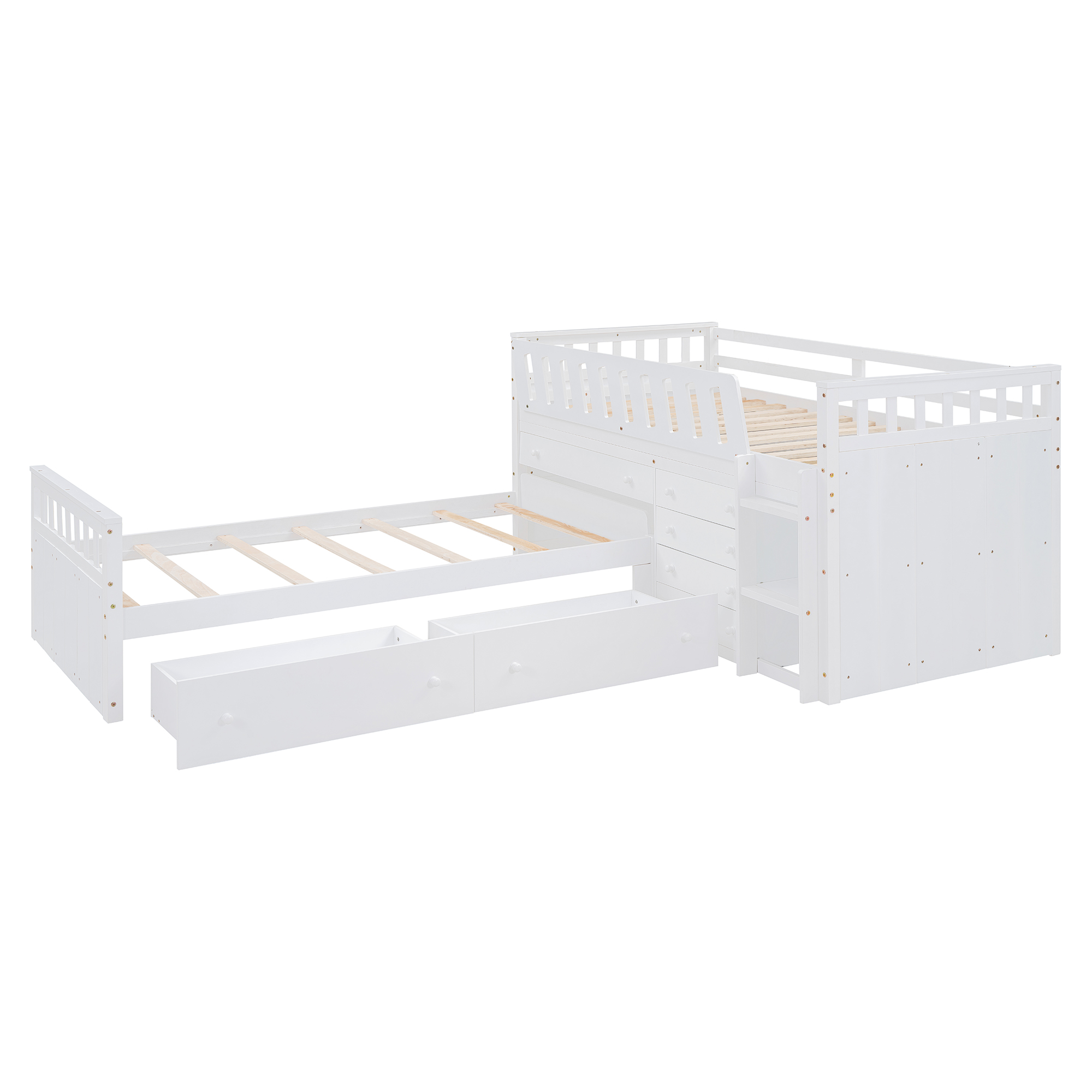 L-shaped  Space-Saving Twin Loft and  Twin  Platform Bed with 7 Drawers and Full Guardrails(WHITE)