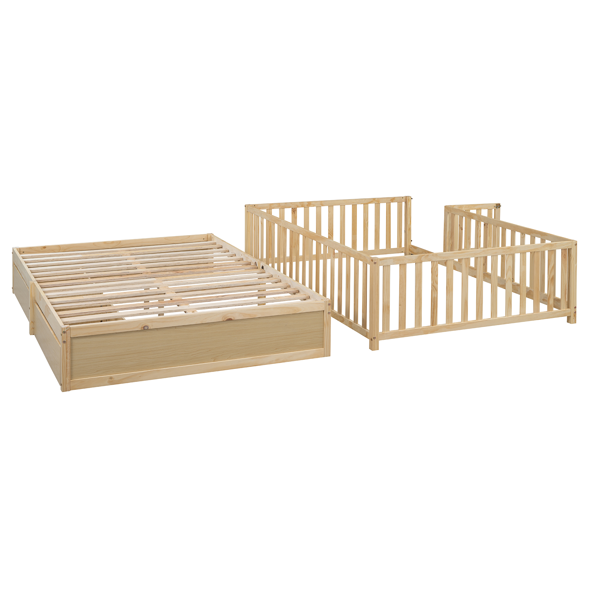 Full Size Wood Daybed with Fence Guardrails and 2 Drawers, Split into Independent Floor Bed & Daybed, Natural(OLD SKU :LP000882AAN)