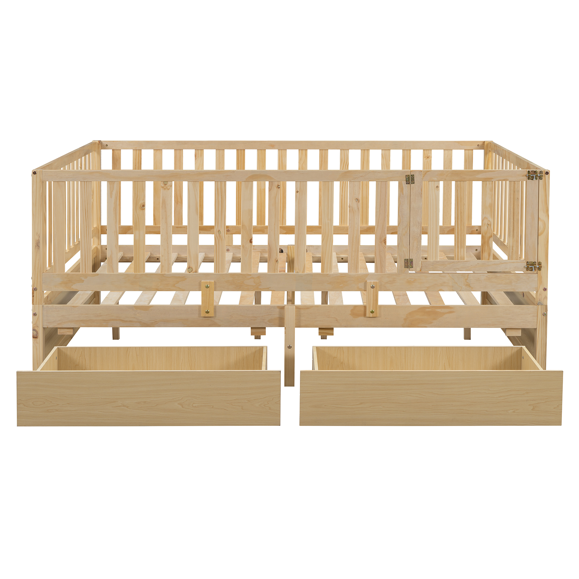 Full Size Wood Daybed with Fence Guardrails and 2 Drawers, Split into Independent Floor Bed & Daybed, Natural(OLD SKU :LP000882AAN)