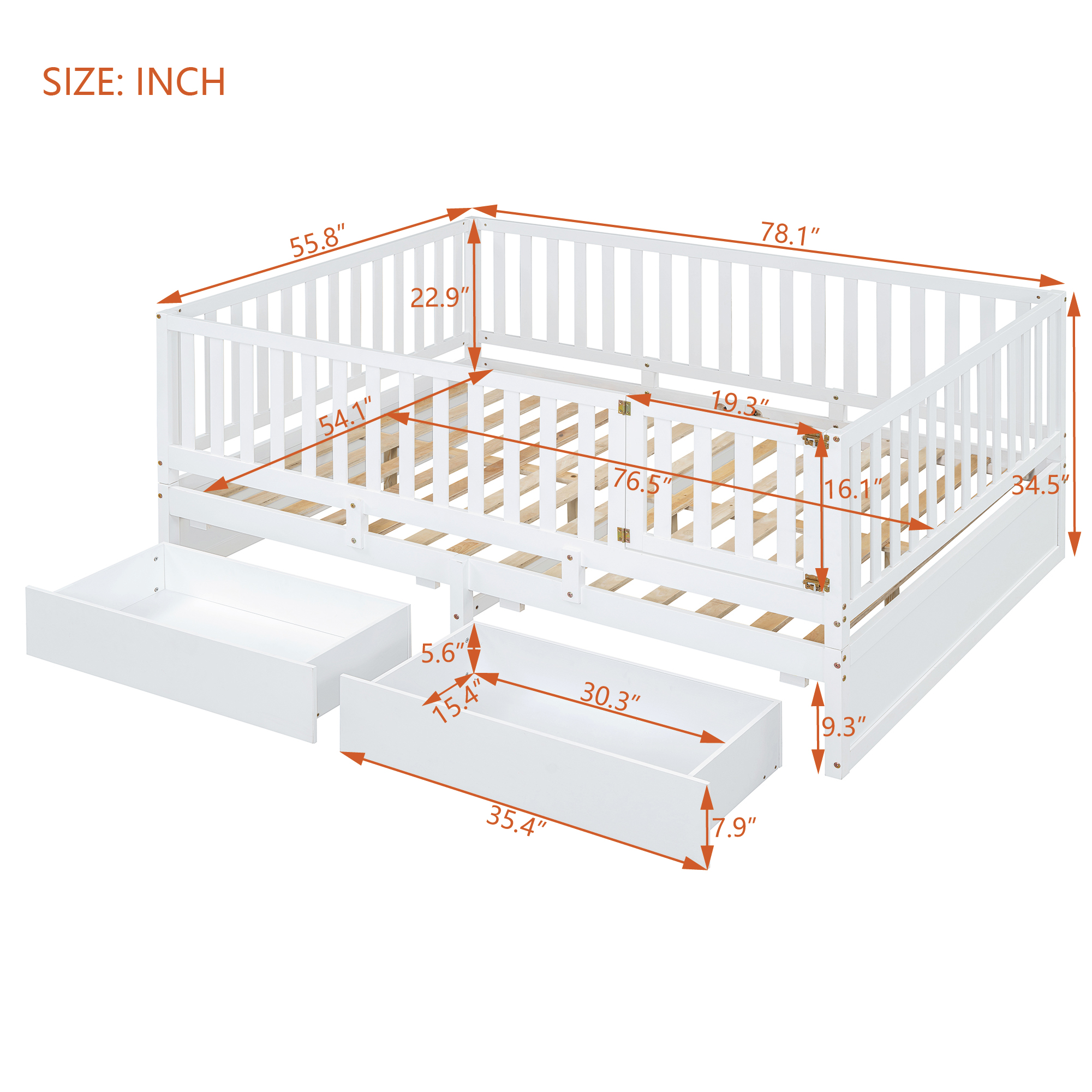 Full Size Wood Daybed with Fence Guardrails and 2 Drawers, Split into Independent Floor Bed & Daybed, White(OLD SKU :LP000882AAK)