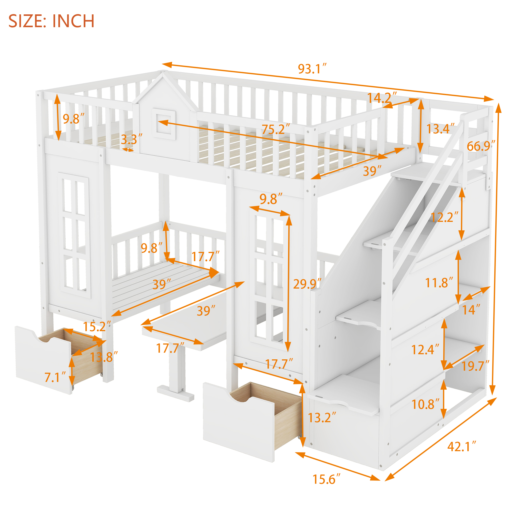 Twin-Over-Twin Bunk Bed with Changeable Table, Bunk Bed Turn into Upper Bed and Down Desk -White