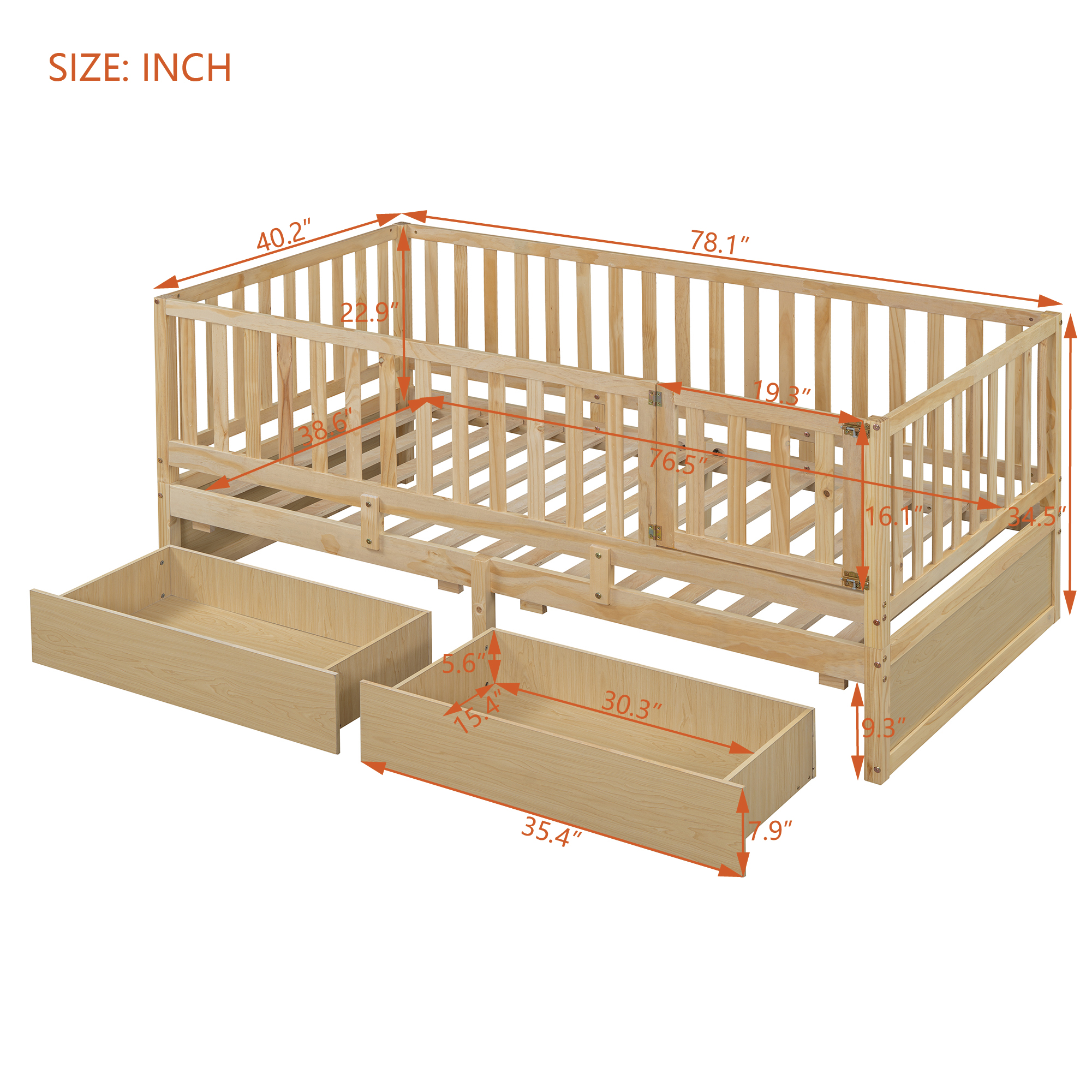 Twin Size Wood Daybed with Fence Guardrails and 2 Drawers, Split into Independent Floor Bed & Daybed, Natural(OLD SKU :LP000881AAN)