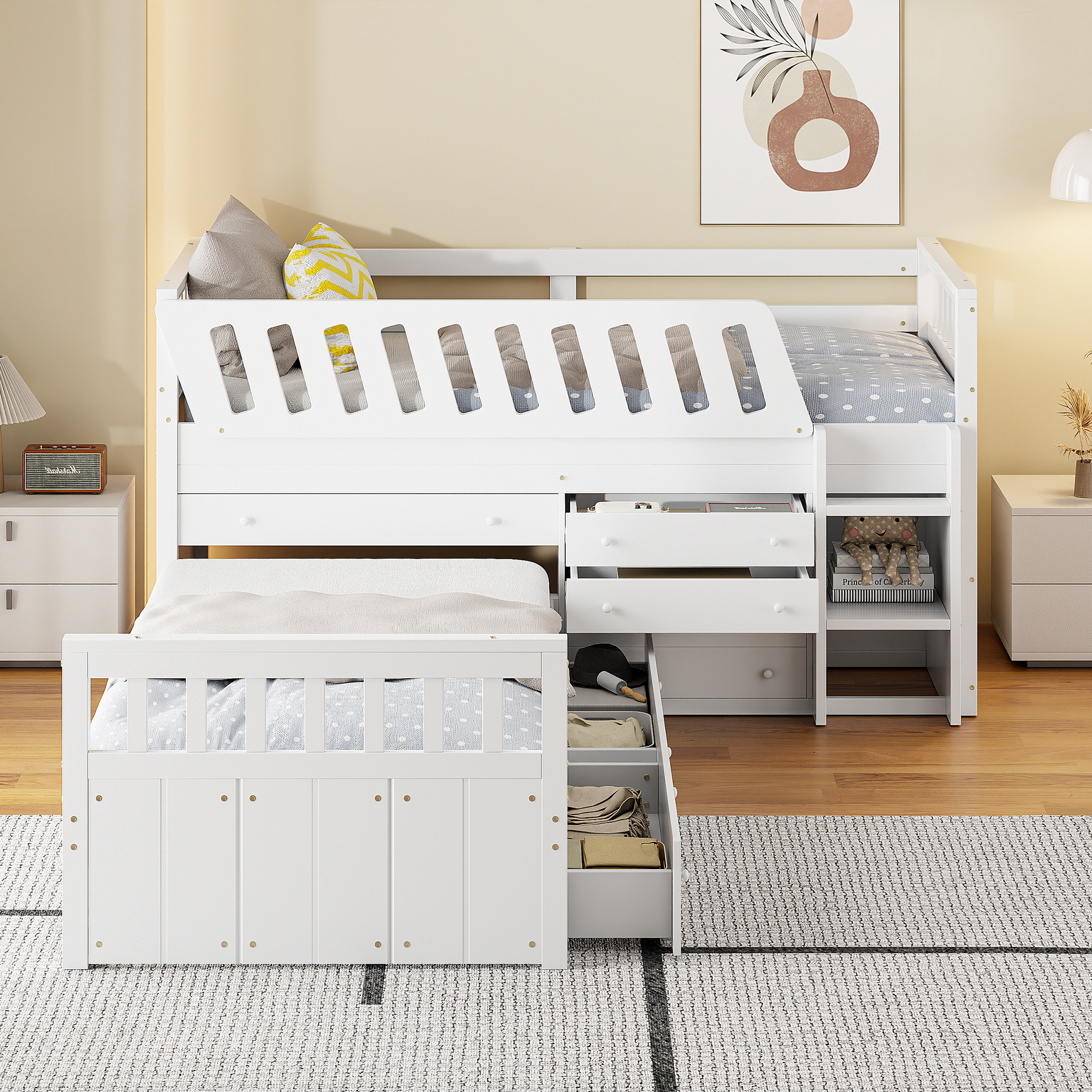 L-shaped  Space-Saving Twin Loft and  Twin  Platform Bed with 7 Drawers and Full Guardrails(WHITE)