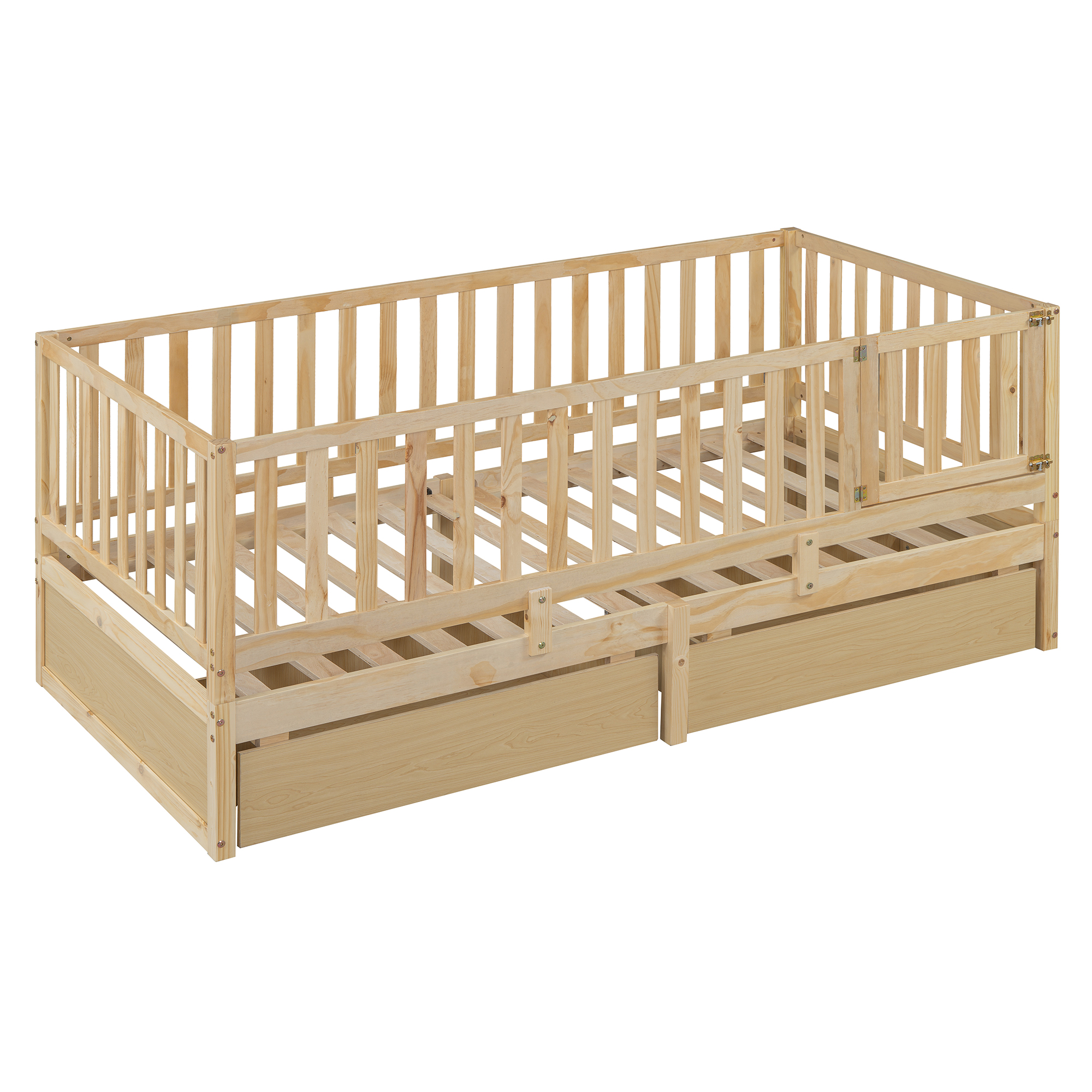 Twin Size Wood Daybed with Fence Guardrails and 2 Drawers, Split into Independent Floor Bed & Daybed, Natural(OLD SKU :LP000881AAN)