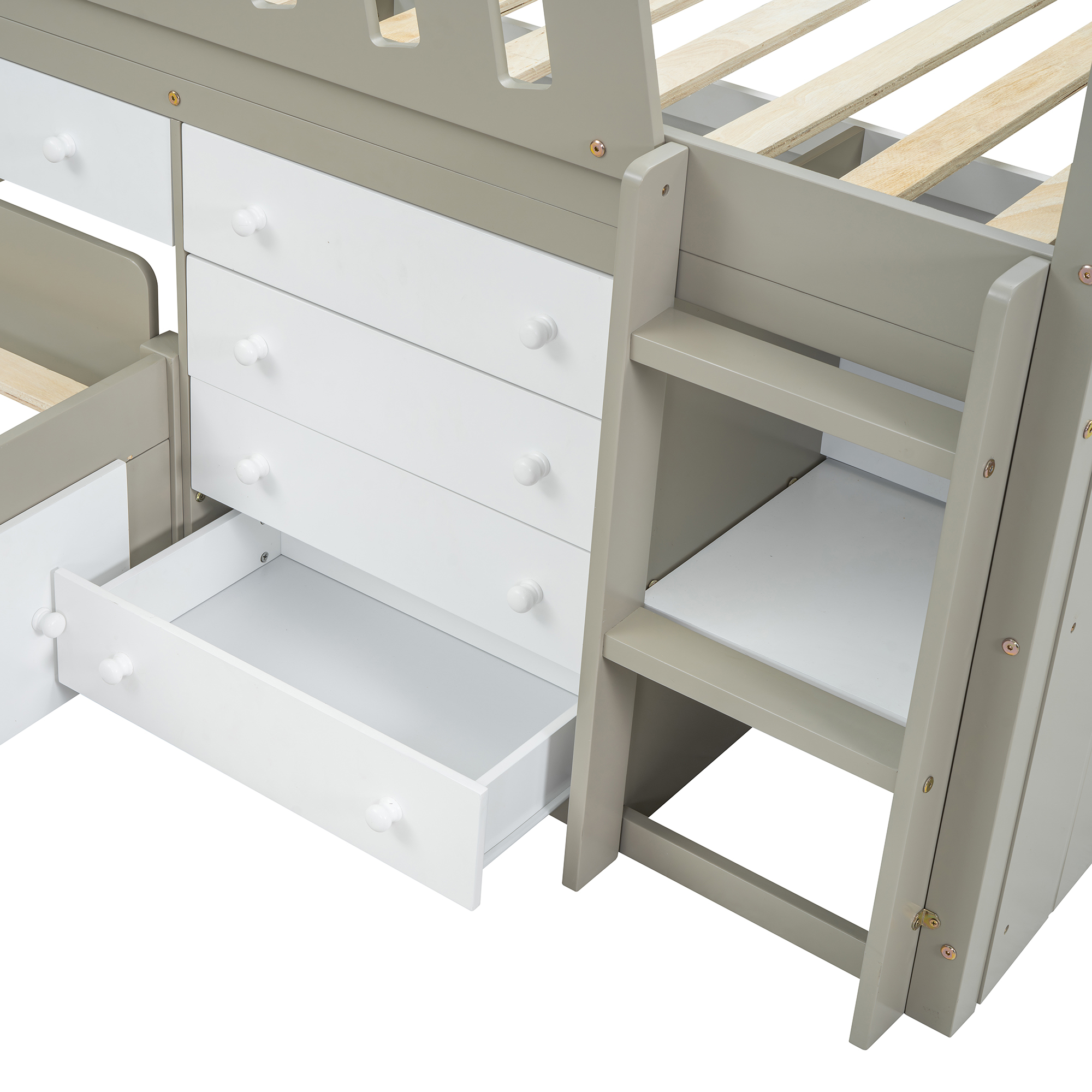 Space-Saving Twin Loft and  Twin  Platform Bed with 7 Drawers and Full Guardrails(WHITE+LIGHT BROWN)