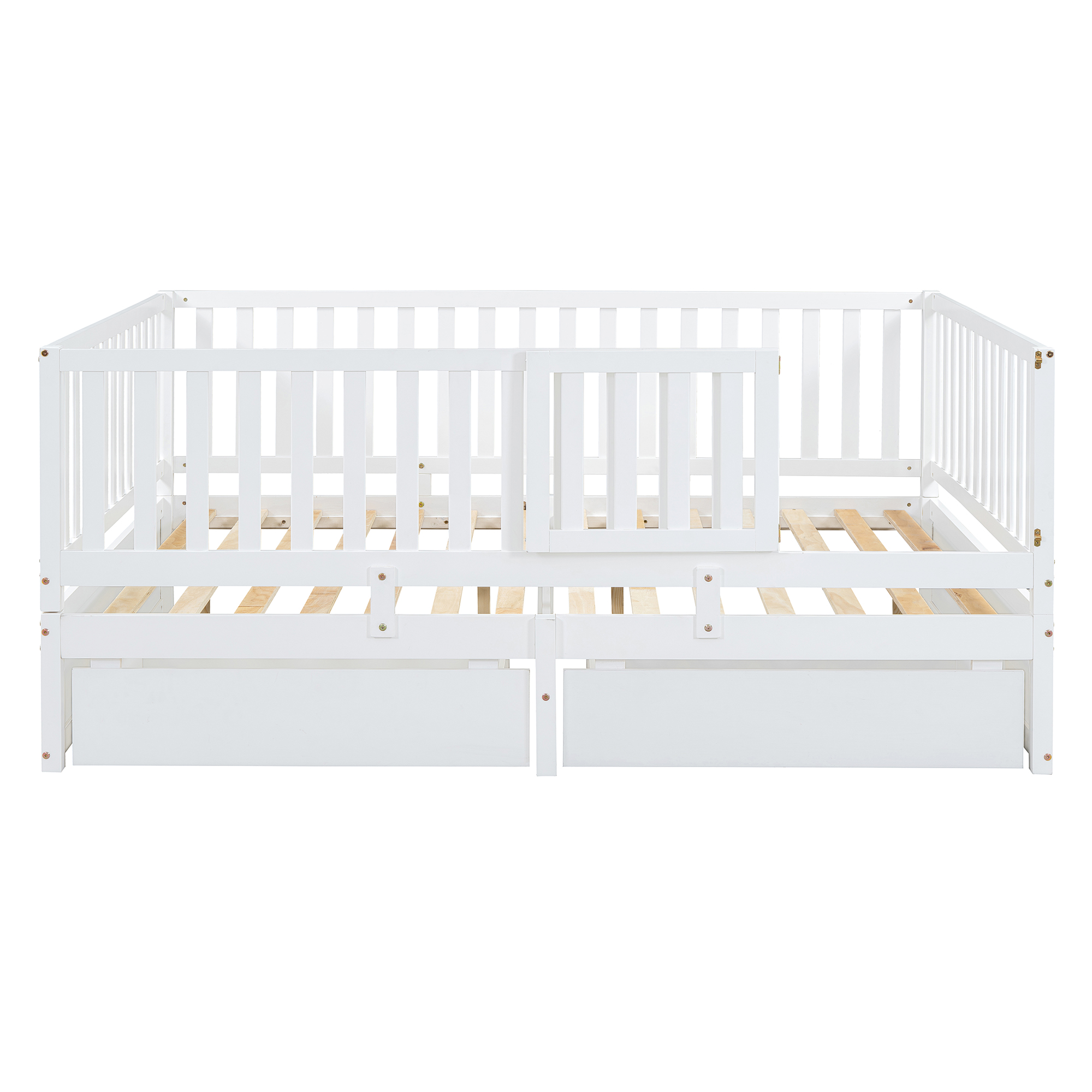 Full Size Wood Daybed with Fence Guardrails and 2 Drawers, Split into Independent Floor Bed & Daybed, White(OLD SKU :LP000882AAK)