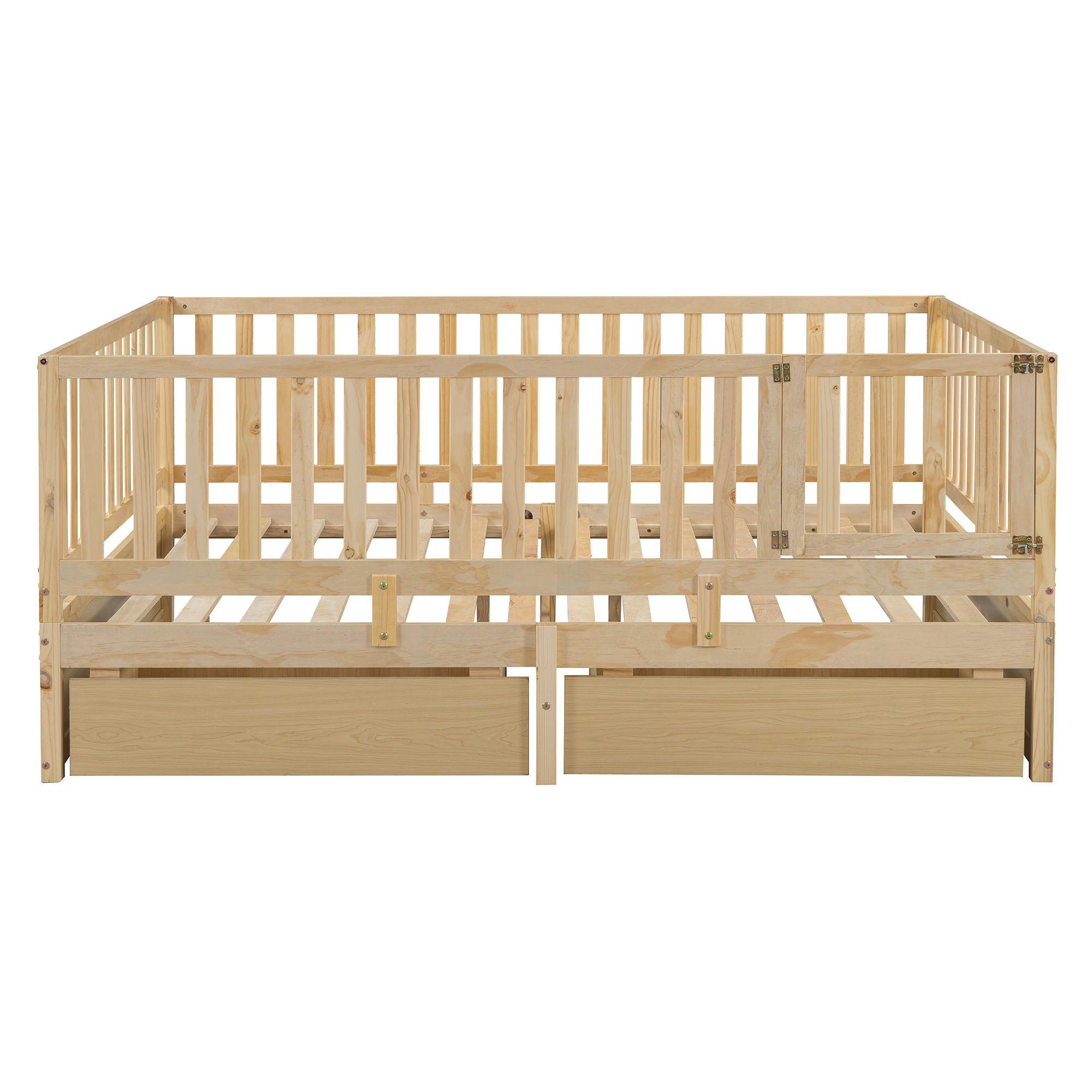 Full Size Wood Daybed with Fence Guardrails and 2 Drawers, Split into Independent Floor Bed & Daybed, Natural(OLD SKU :LP000882AAN)