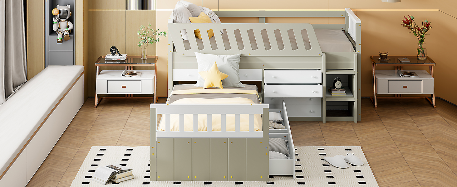 Space-Saving Twin Loft and  Twin  Platform Bed with 7 Drawers and Full Guardrails(WHITE+LIGHT BROWN)