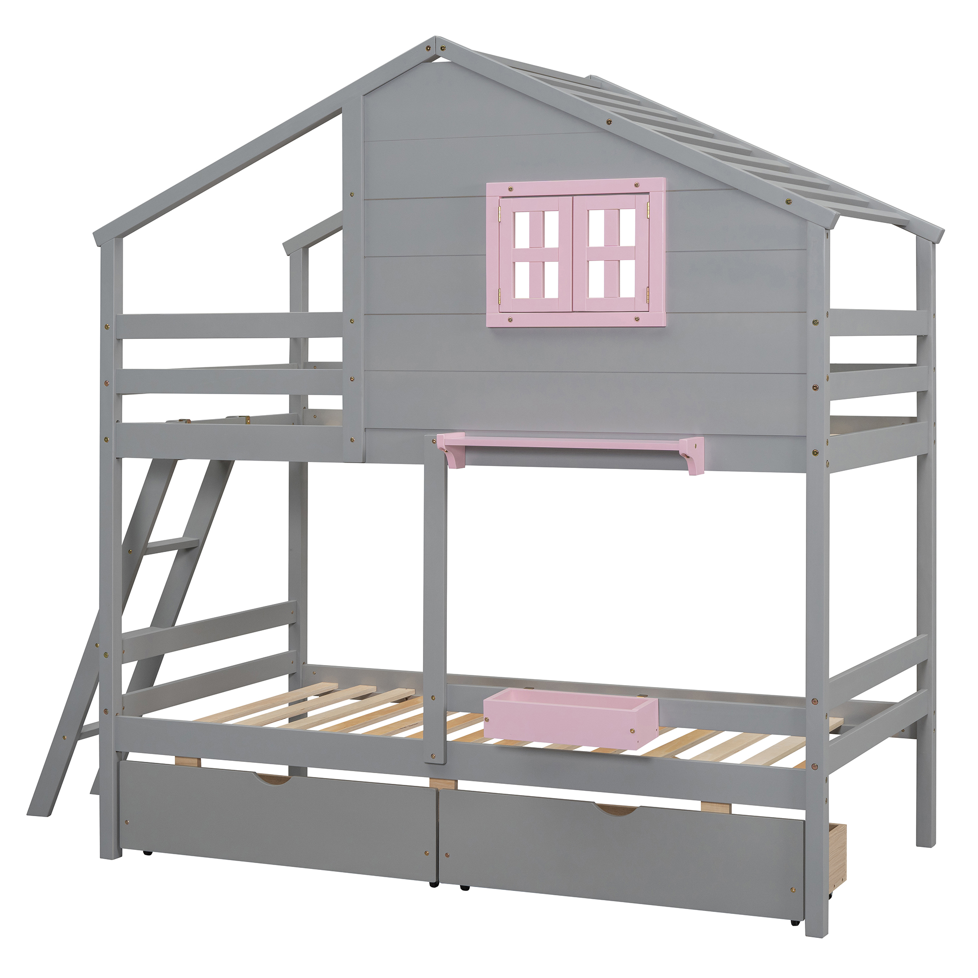 Twin over Twin Bunk Bed with 2 Drawers, 1 Storage Box, 1 Shelf, Window and Roof-Gray(OLD SKU:LT001608AAE)