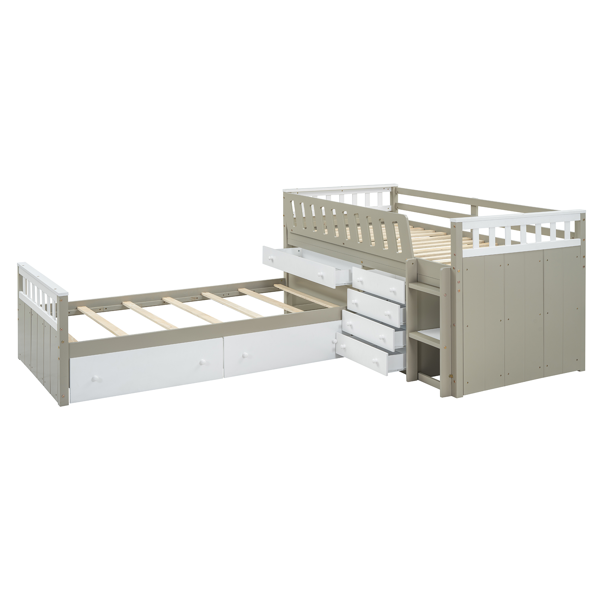 Space-Saving Twin Loft and  Twin  Platform Bed with 7 Drawers and Full Guardrails(WHITE+LIGHT BROWN)