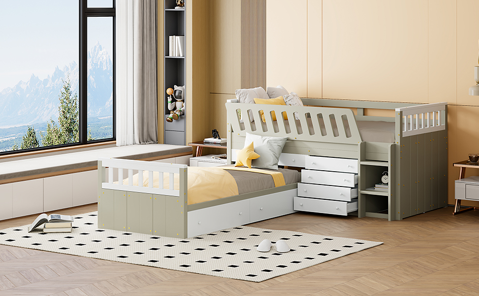 Space-Saving Twin Loft and  Twin  Platform Bed with 7 Drawers and Full Guardrails(WHITE+LIGHT BROWN)