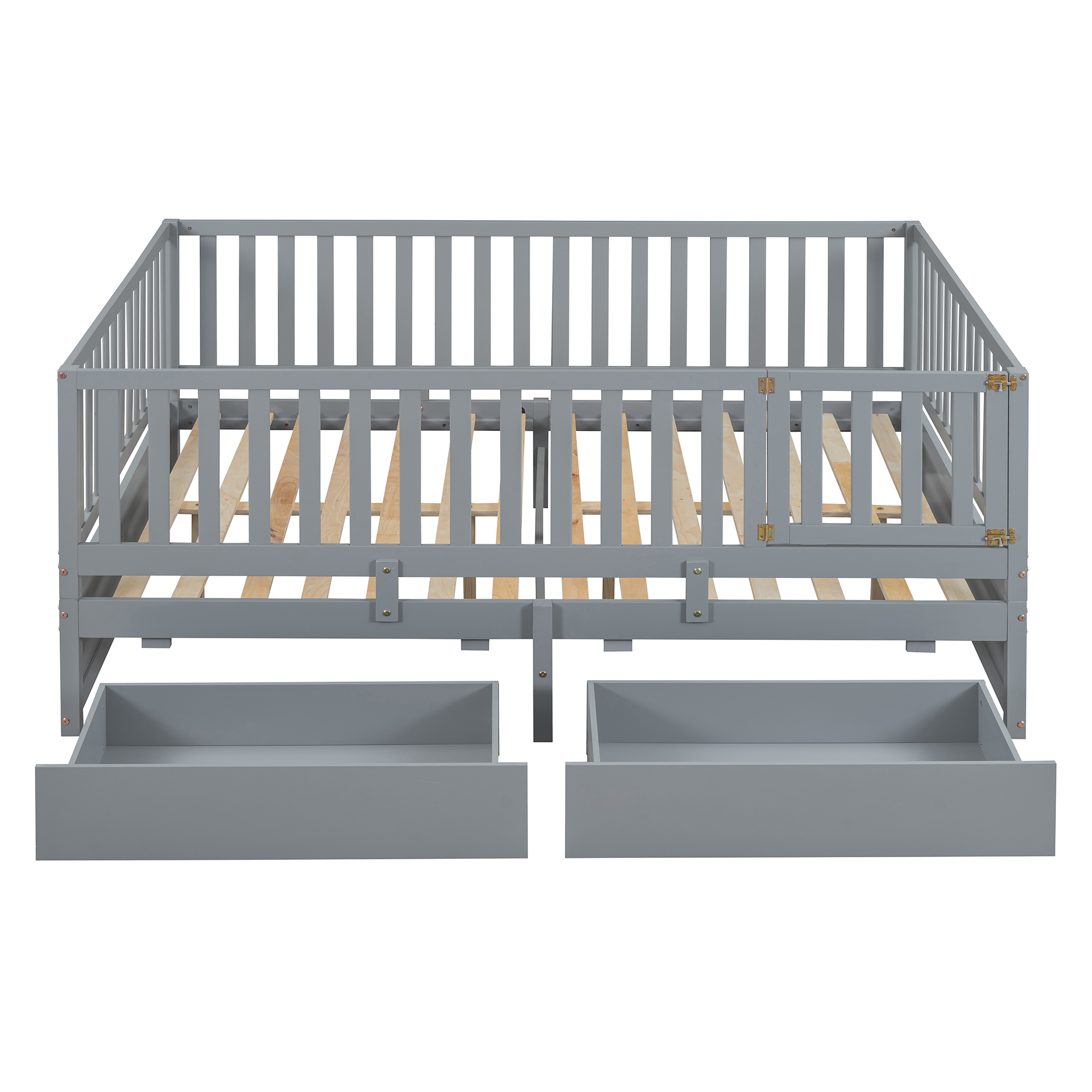 Full Size Wood Daybed with Fence Guardrails and 2 Drawers, Split into Independent Floor Bed & Daybed, Gray(OLD SKU :LP000882AAE)