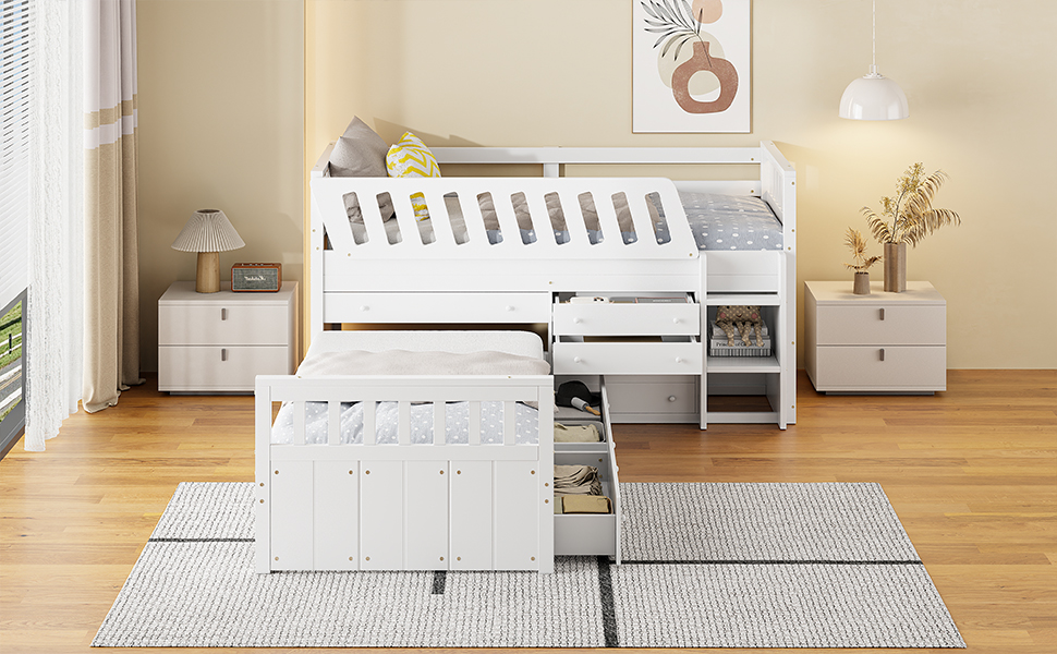 L-shaped  Space-Saving Twin Loft and  Twin  Platform Bed with 7 Drawers and Full Guardrails(WHITE)