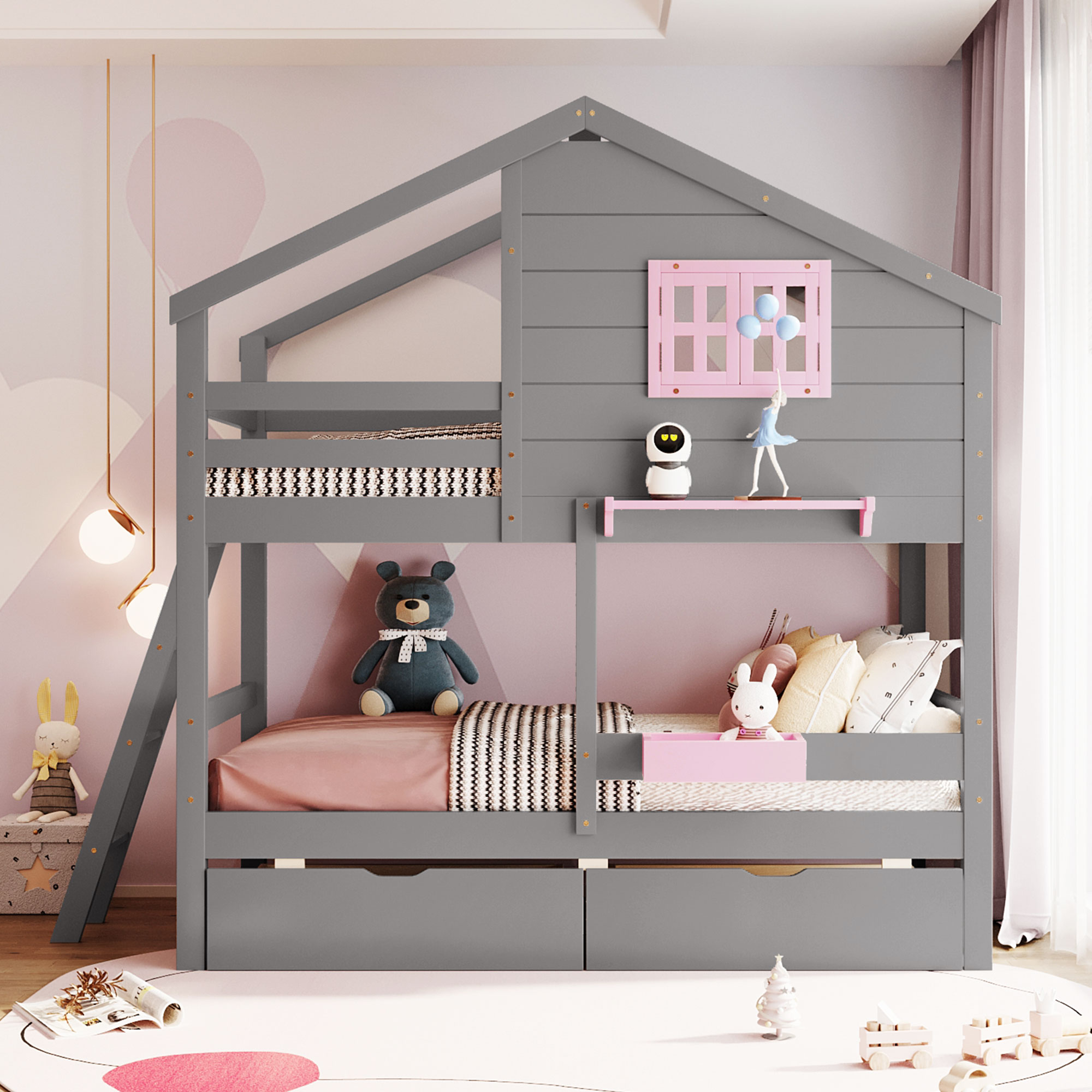 Twin over Twin Bunk Bed with 2 Drawers, 1 Storage Box, 1 Shelf, Window and Roof-Gray(OLD SKU:LT001608AAE)