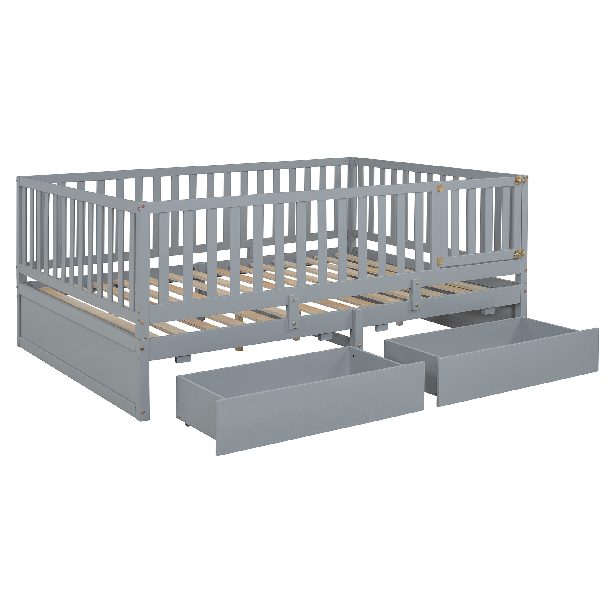 Full Size Wood Daybed with Fence Guardrails and 2 Drawers, Split into Independent Floor Bed & Daybed, Gray(OLD SKU :LP000882AAE)