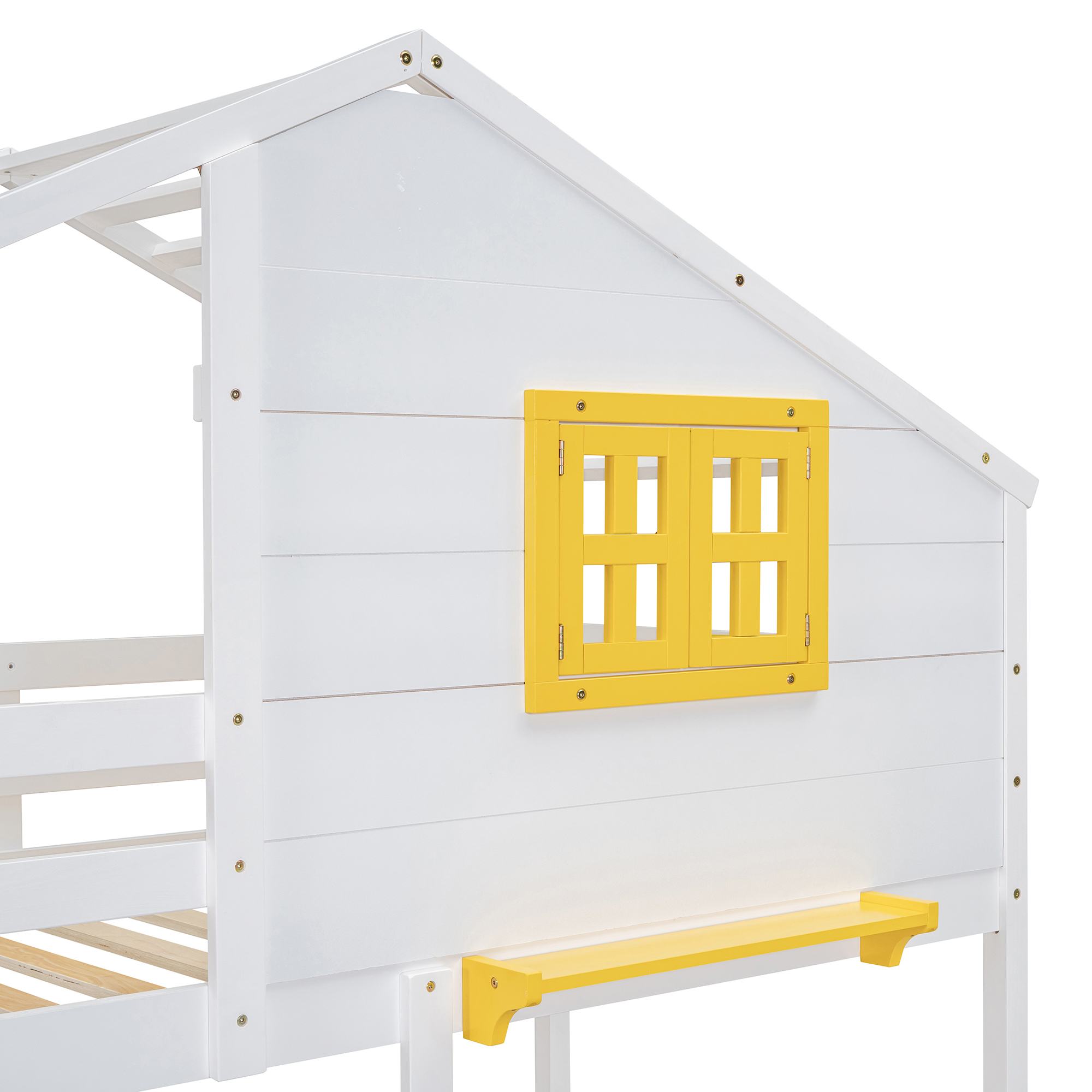 Twin over Twin Bunk Bed with 2 Drawers, 1 Storage Box, 1 Shelf, Window and Roof-White(OLD SKU:LT001608AAK)