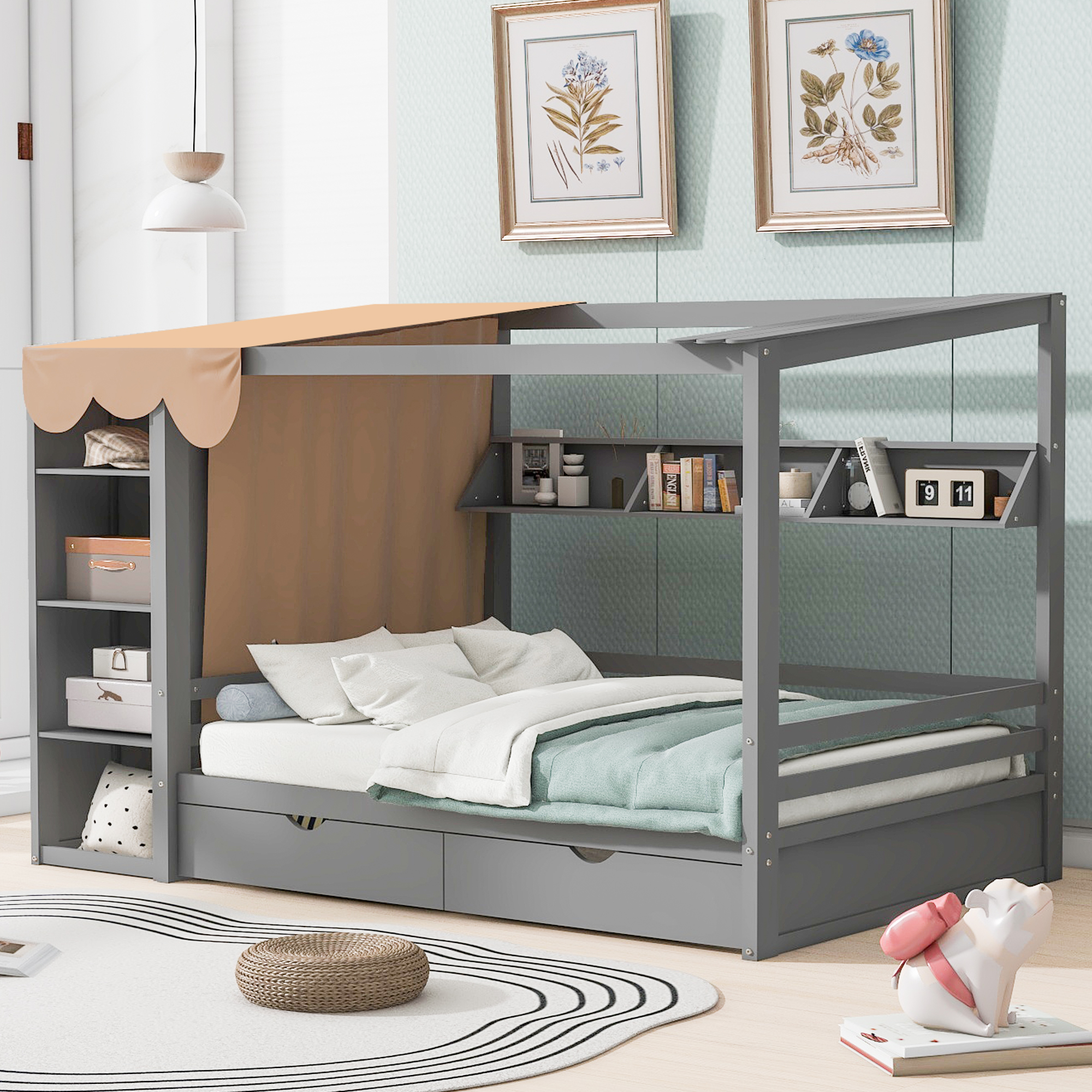 Full size House Bed with Two Drawers and Wardrobe,Gray