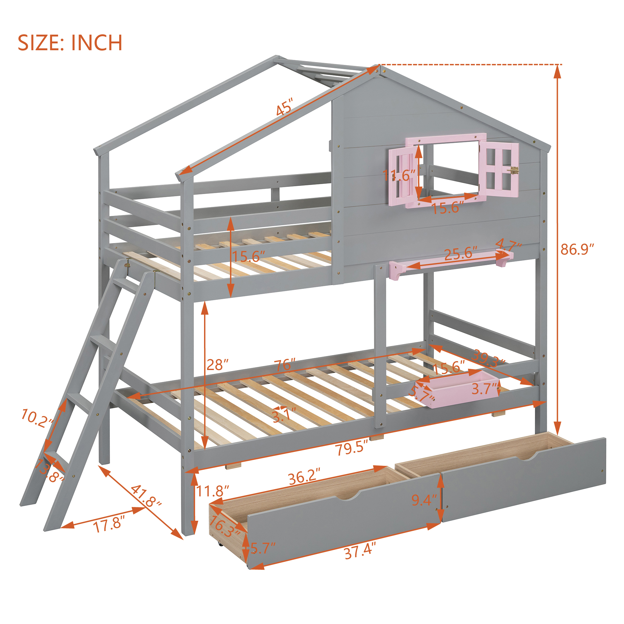 Twin over Twin Bunk Bed with 2 Drawers, 1 Storage Box, 1 Shelf, Window and Roof-Gray(OLD SKU:LT001608AAE)