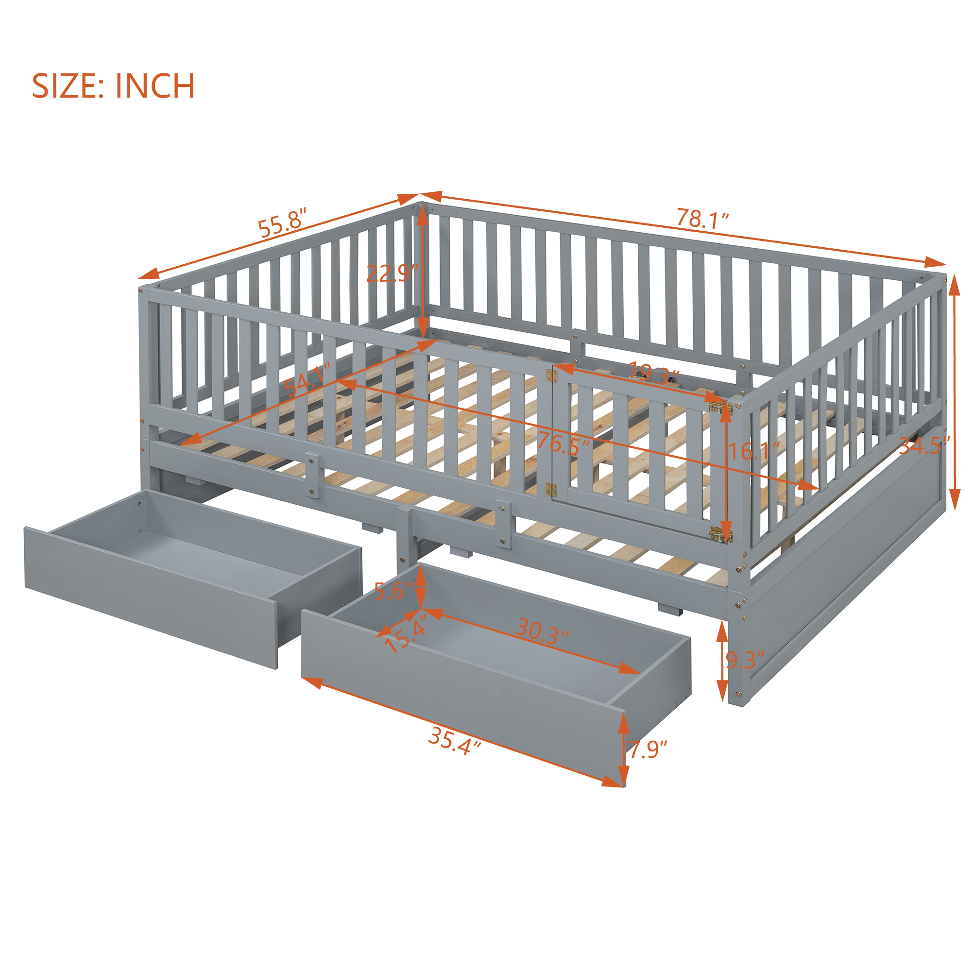 Full Size Wood Daybed with Fence Guardrails and 2 Drawers, Split into Independent Floor Bed & Daybed, Gray(OLD SKU :LP000882AAE)