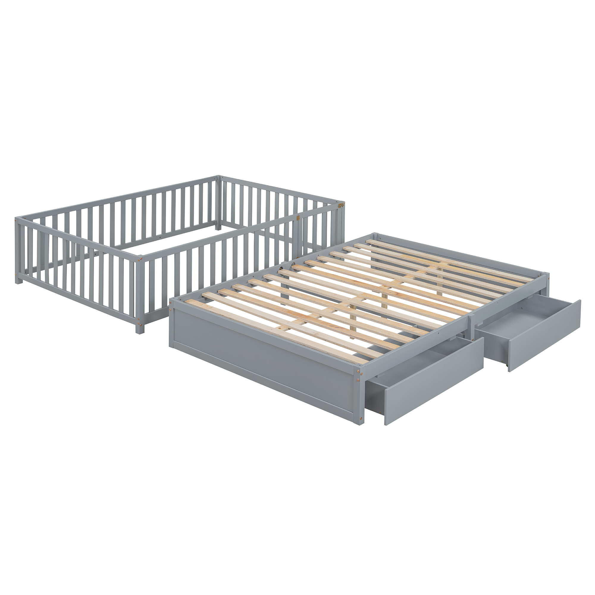 Full Size Wood Daybed with Fence Guardrails and 2 Drawers, Split into Independent Floor Bed & Daybed, Gray(OLD SKU :LP000882AAE)