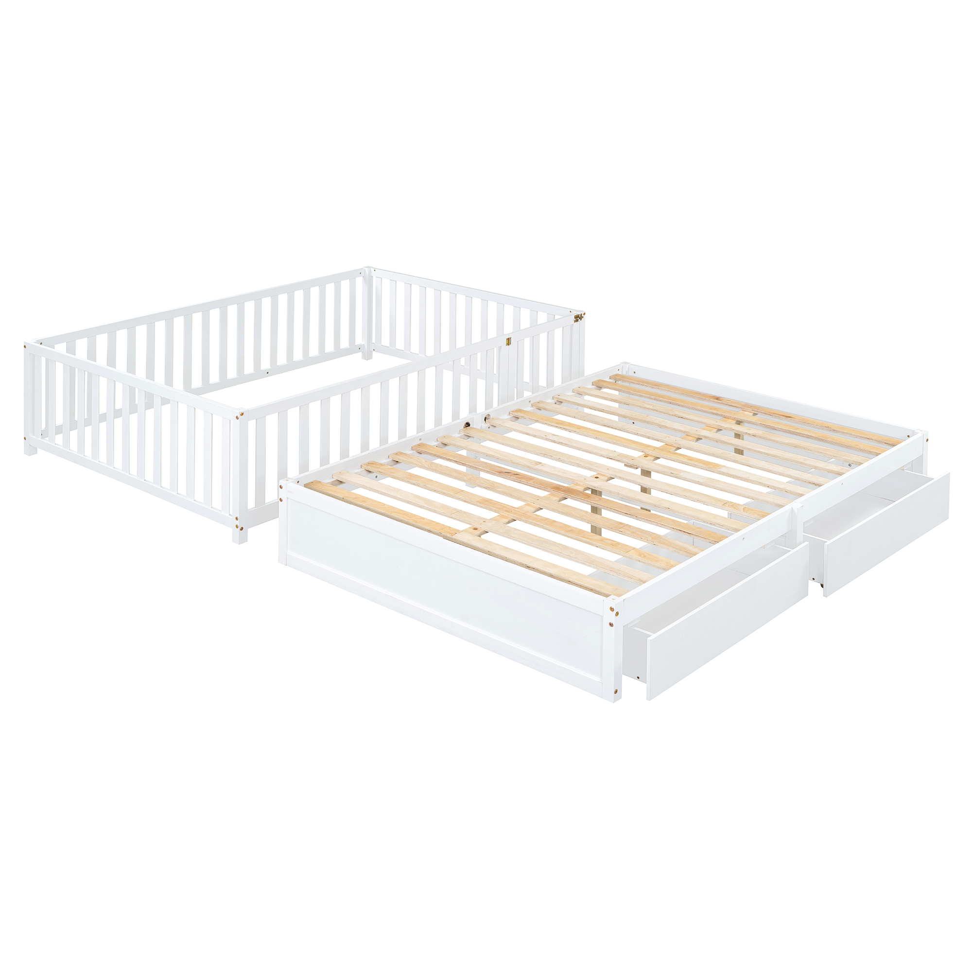 Full Size Wood Daybed with Fence Guardrails and 2 Drawers, Split into Independent Floor Bed & Daybed, White(OLD SKU :LP000882AAK)