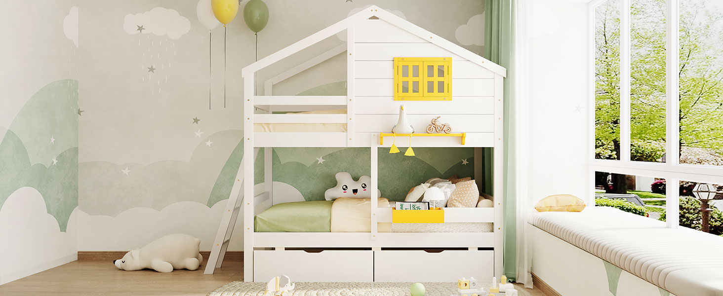 Twin over Twin Bunk Bed with 2 Drawers, 1 Storage Box, 1 Shelf, Window and Roof-White(OLD SKU:LT001608AAK)