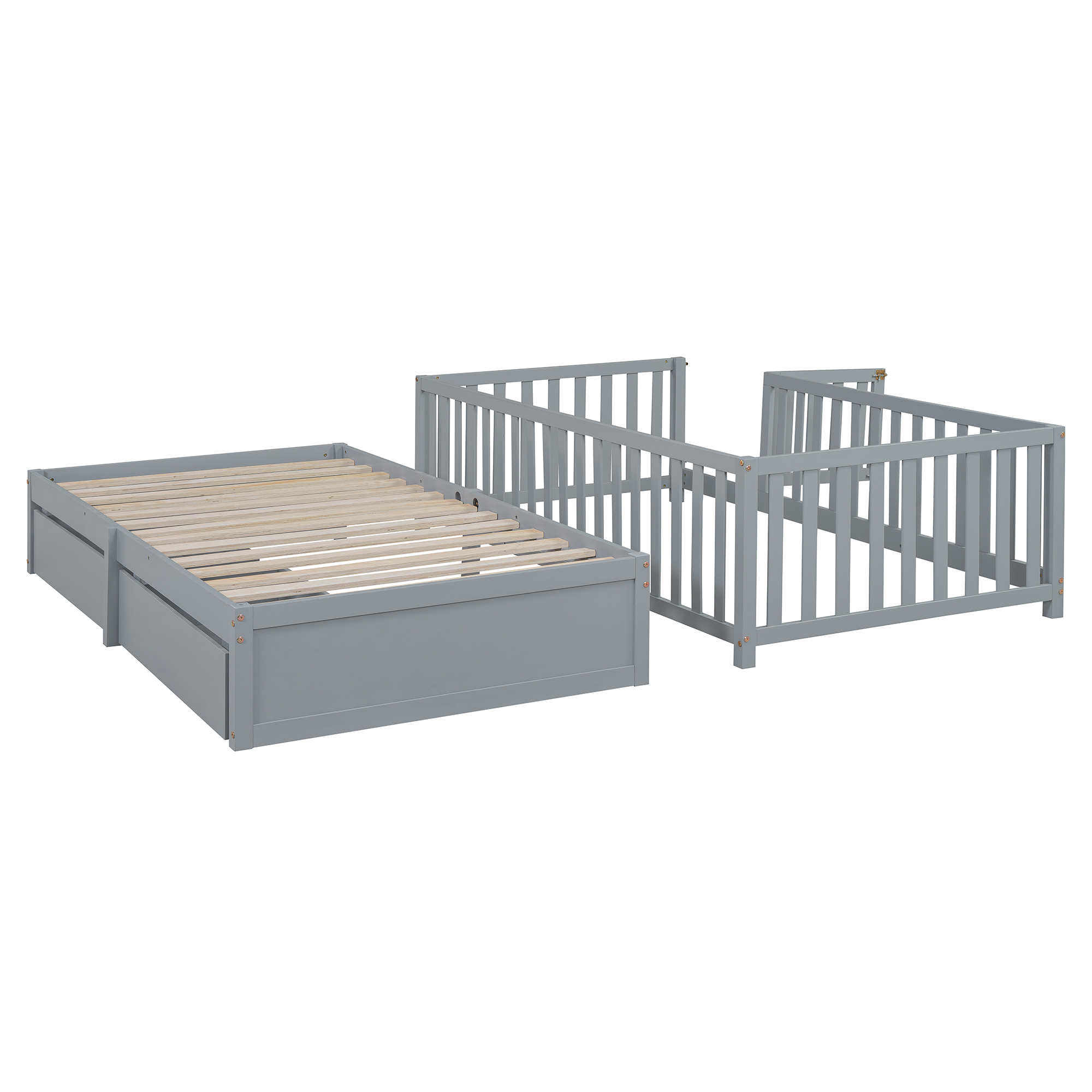 Twin Size Wood Daybed with Fence Guardrails and 2 Drawers, Split into Independent Floor Bed & Daybed, Gray(OLD SKU :LP000881AAE)