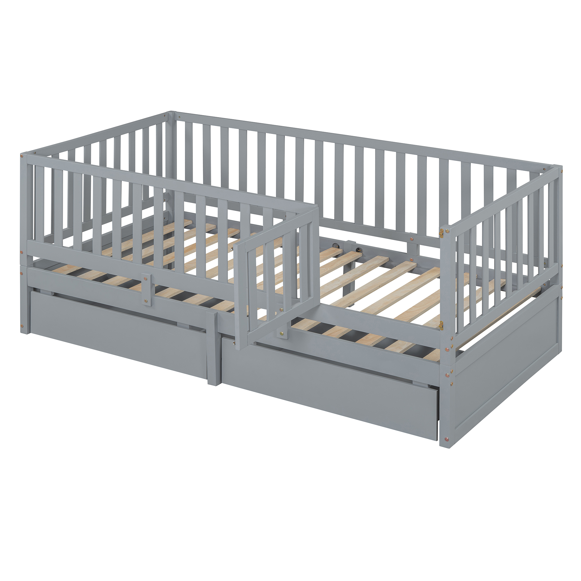 Twin Size Wood Daybed with Fence Guardrails and 2 Drawers, Split into Independent Floor Bed & Daybed, Gray(OLD SKU :LP000881AAE)