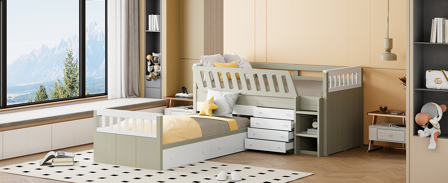 Space-Saving Twin Loft and  Twin  Platform Bed with 7 Drawers and Full Guardrails(WHITE+LIGHT BROWN)