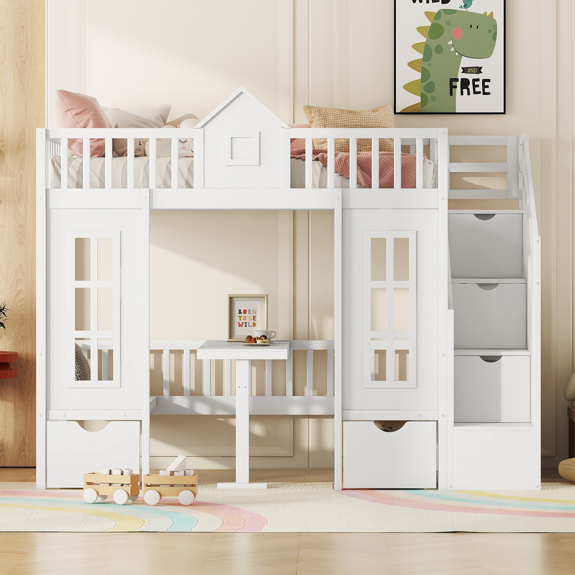 Twin-Over-Twin Bunk Bed with Changeable Table, Bunk Bed Turn into Upper Bed and Down Desk -White