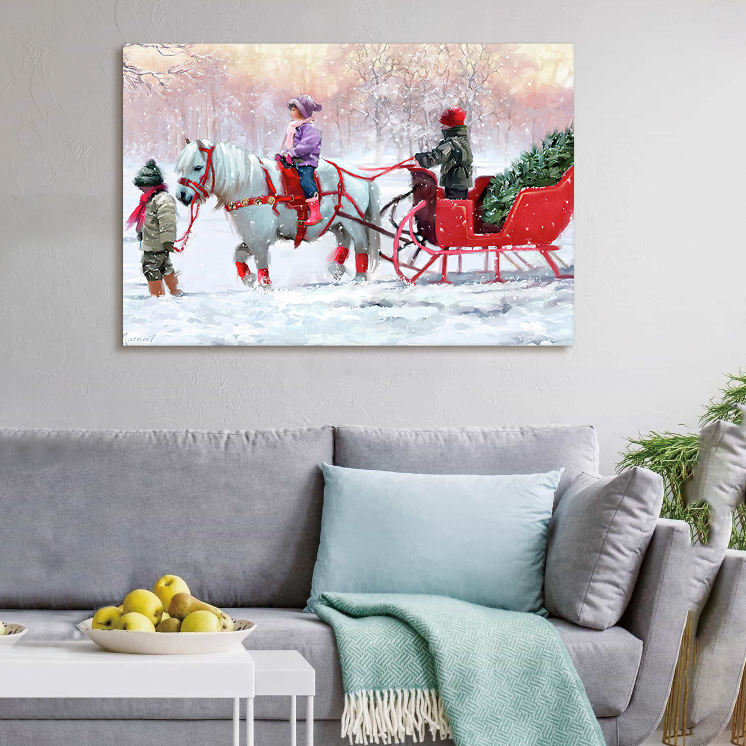 Framed Canvas Wall Art Decor Painting For Chrismas, White Horse with Sledge Chrismas Gift Painting For Chrismas Gift, Decoration For Chrismas Eve  Living Room, Bedroom Decor-2418in-Thickness 1.5inch