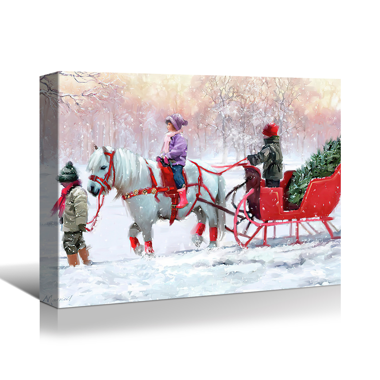 Framed Canvas Wall Art Decor Painting For Chrismas, White Horse with Sledge Chrismas Gift Painting For Chrismas Gift, Decoration For Chrismas Eve  Living Room, Bedroom Decor-2418in-Thickness 1.5inch