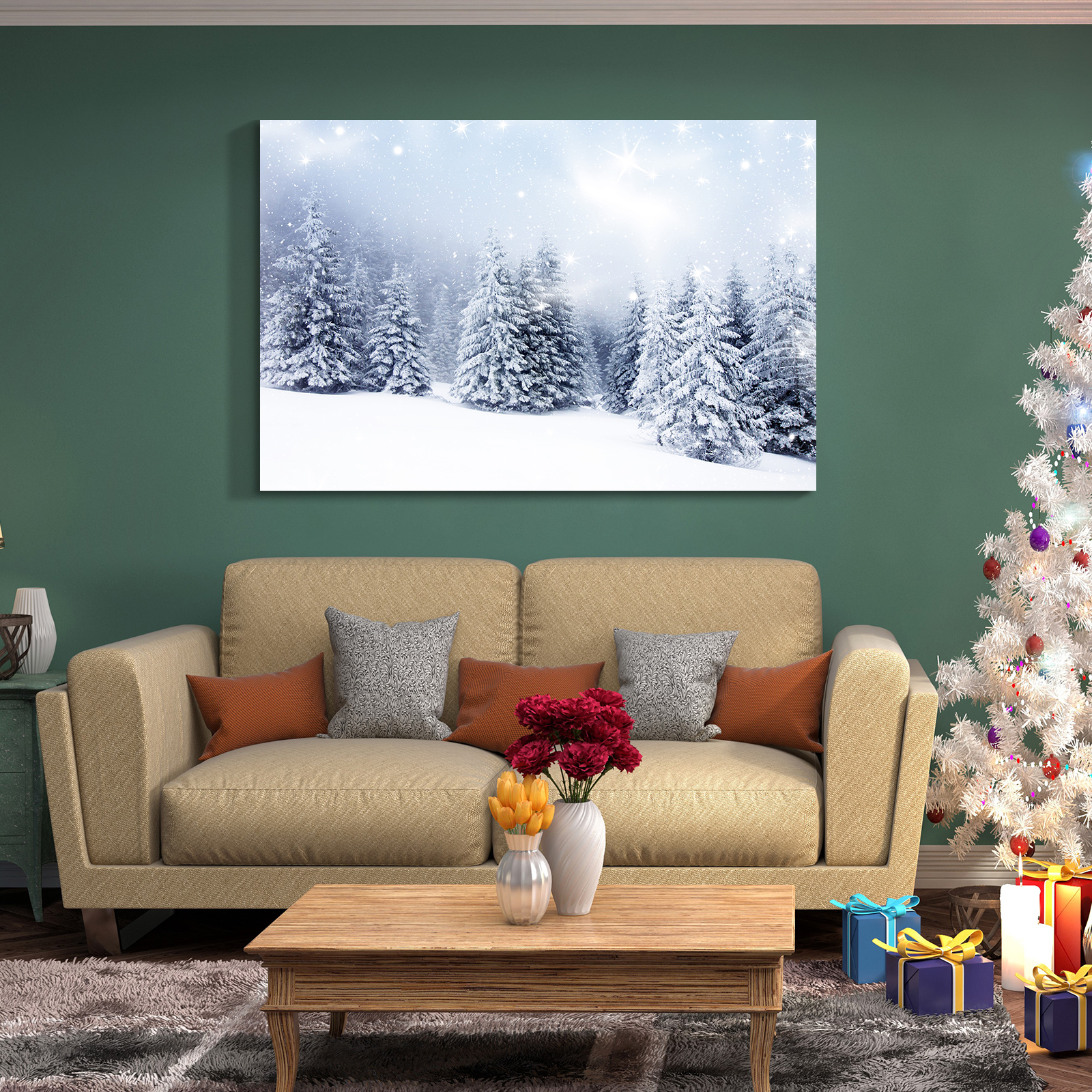 Framed Canvas Wall Art Decor Painting For Chrismas, Winter Pine Forest Chrismas Gift Painting For Chrismas Gift, Decoration For Chrismas Eve  Living Room, Bedroom Decor-4028in-Thickness 1.5inch