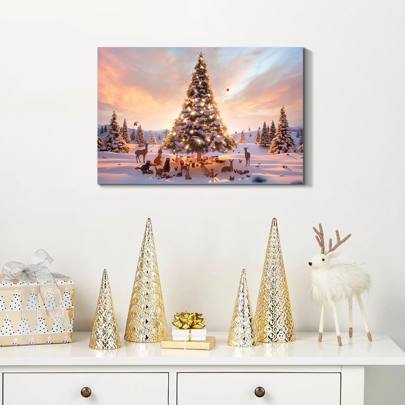 Framed Canvas Wall Art Decor Painting For Chrismas, Lighted Pine Tree at Night  Chrismas Gift Painting For Chrismas Gift, Decoration For Chrismas Eve  Living Room, Bedroom Decor-1812in-Thickness 1.5in