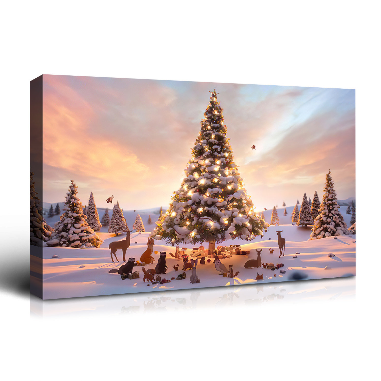 Framed Canvas Wall Art Decor Painting For Chrismas, Lighted Pine Tree at Night  Chrismas Gift Painting For Chrismas Gift, Decoration For Chrismas Eve  Living Room, Bedroom Decor-1812in-Thickness 1.5in