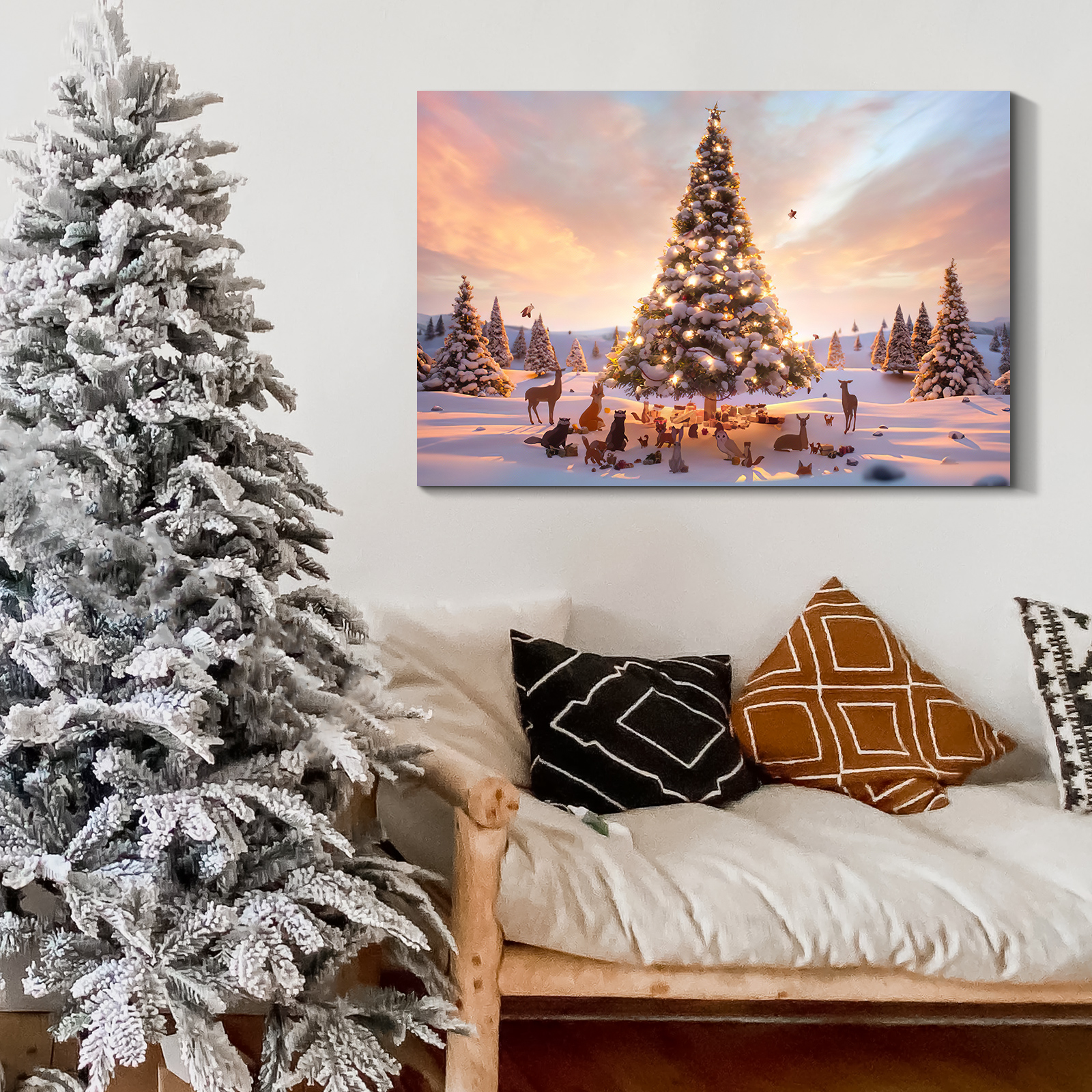 Framed Canvas Wall Art Decor Painting For Chrismas, Lighted Pine Tree at Night  Chrismas Gift Painting For Chrismas Gift, Decoration For Chrismas Eve  Living Room, Bedroom Decor-2418-Thickness1.5inch