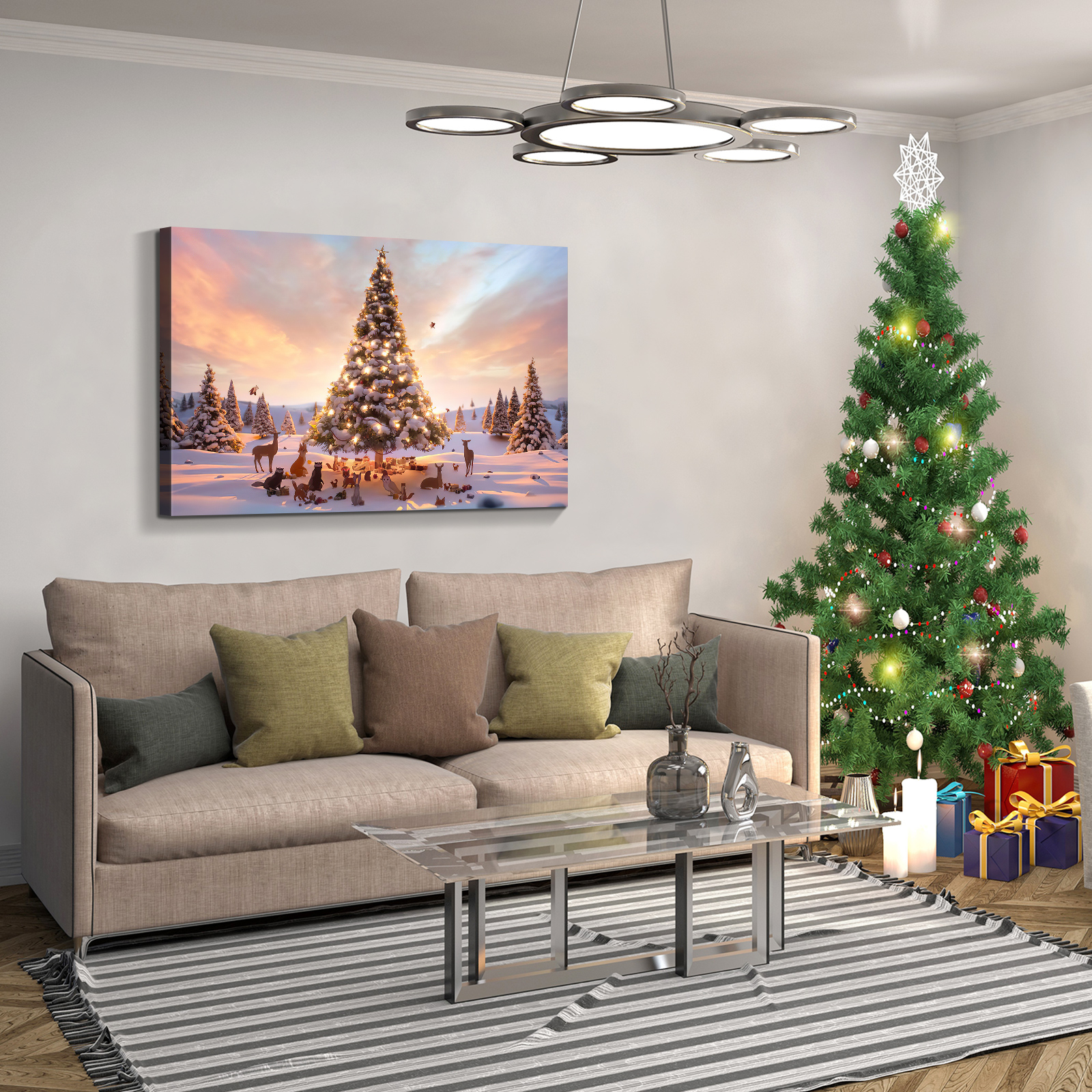 Framed Canvas Wall Art Decor Painting For Chrismas, Lighted Pine Tree at Night  Chrismas Gift Painting For Chrismas Gift, Decoration For Chrismas Eve  Living Room, Bedroom Decor-1812in-Thickness 1.5in