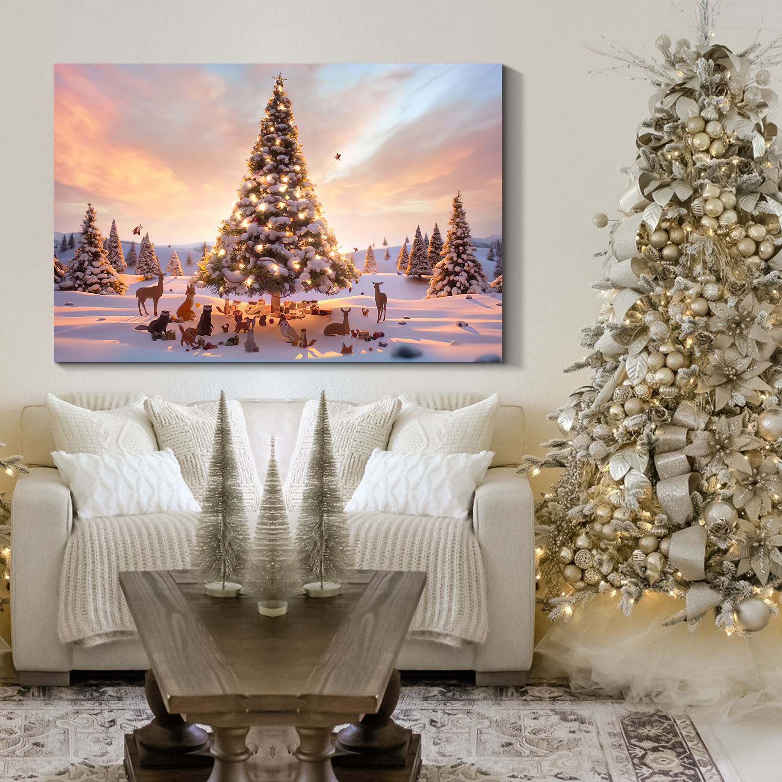 Framed Canvas Wall Art Decor Painting For Chrismas, Lighted Pine Tree at Night  Chrismas Gift Painting For Chrismas Gift, Decoration For Chrismas Eve  Living Room, Bedroom Decor-1812in-Thickness 1.5in