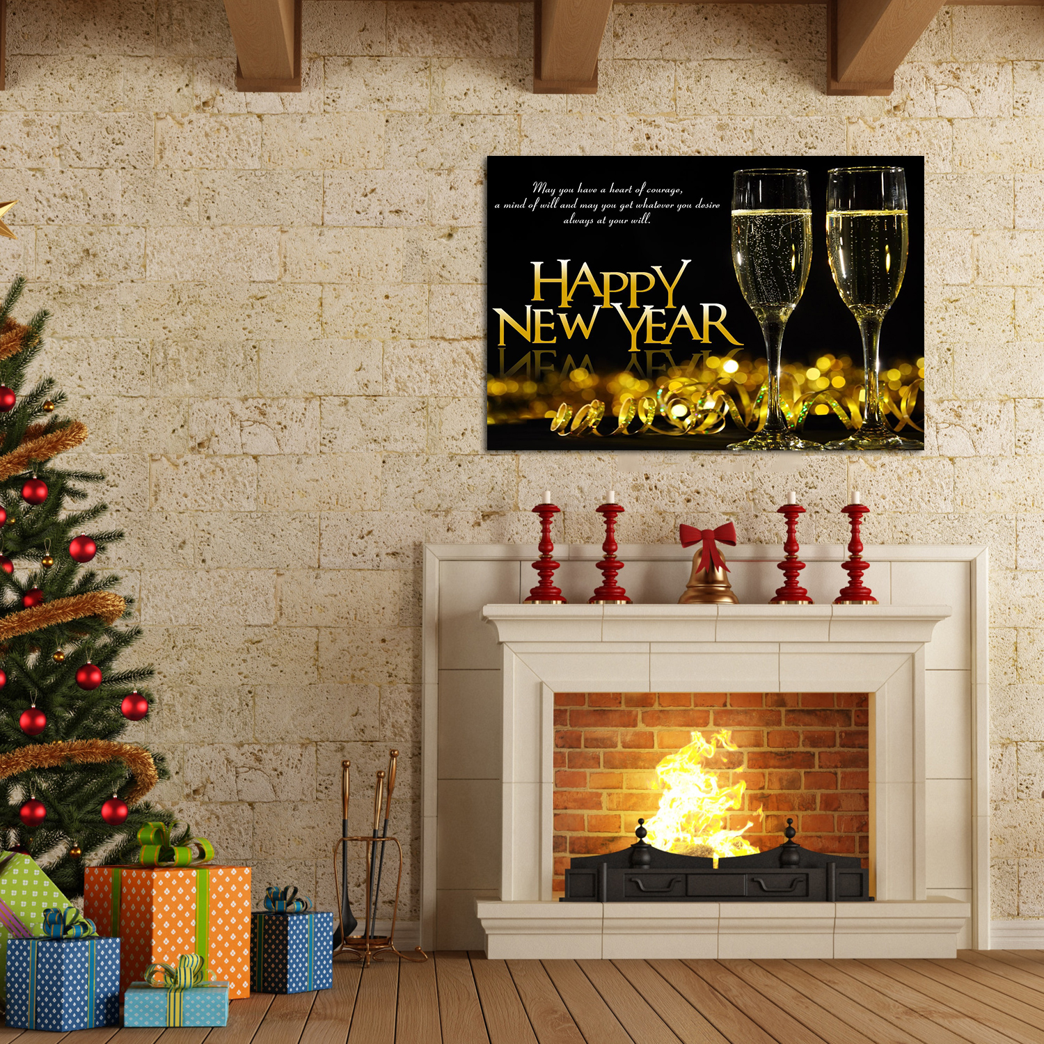 Framed Canvas Wall Art Decor Painting For New Year, Golden Happy New Year Bless Champagne  Gift Painting For New Year  For Chrismas Eve Office Living Room, Bedroom Decor-2418in-Thickness 1.5inch