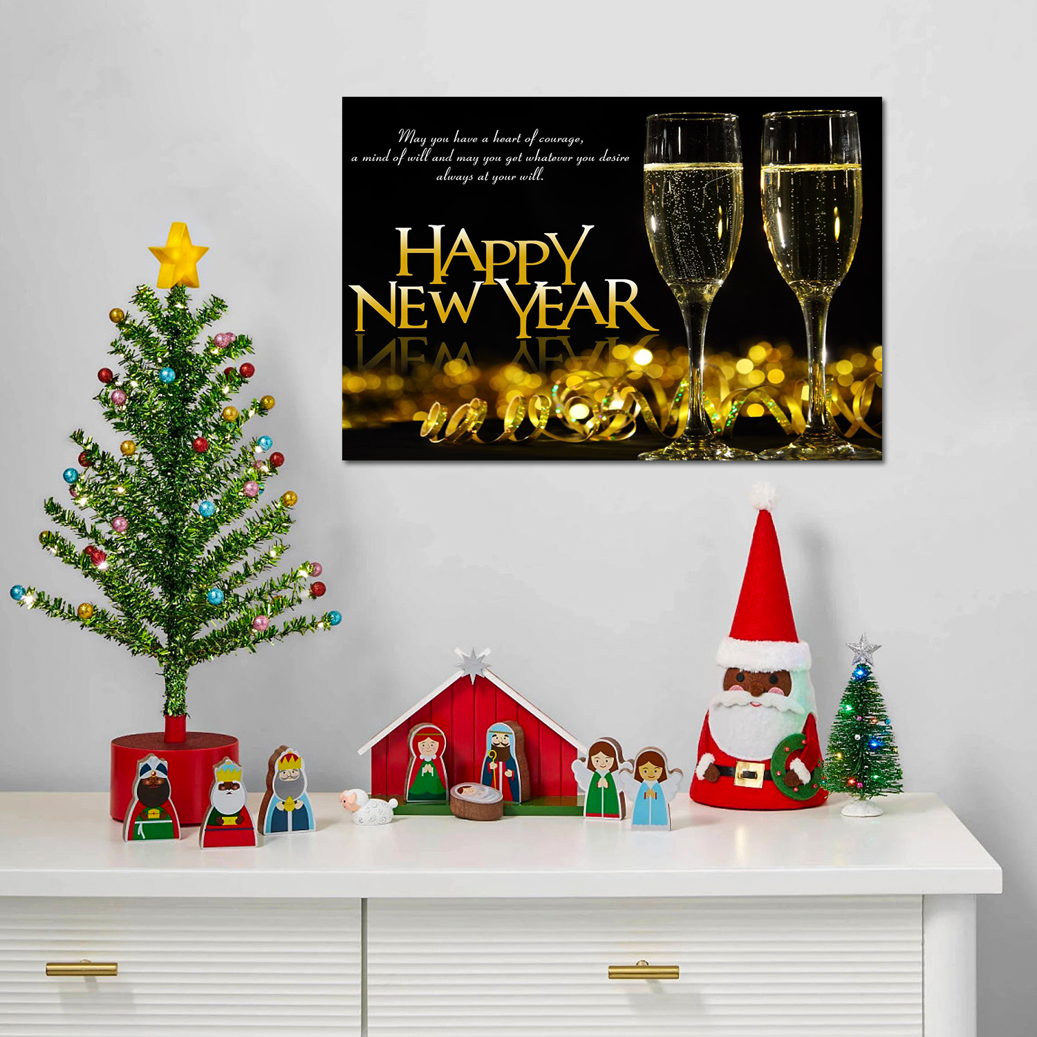 Framed Canvas Wall Art Decor Painting For New Year, Golden Happy New Year Bless Champagne  Gift Painting For New Year  For Chrismas Eve Office Living Room, Bedroom Decor-2418in-Thickness 1.5inch