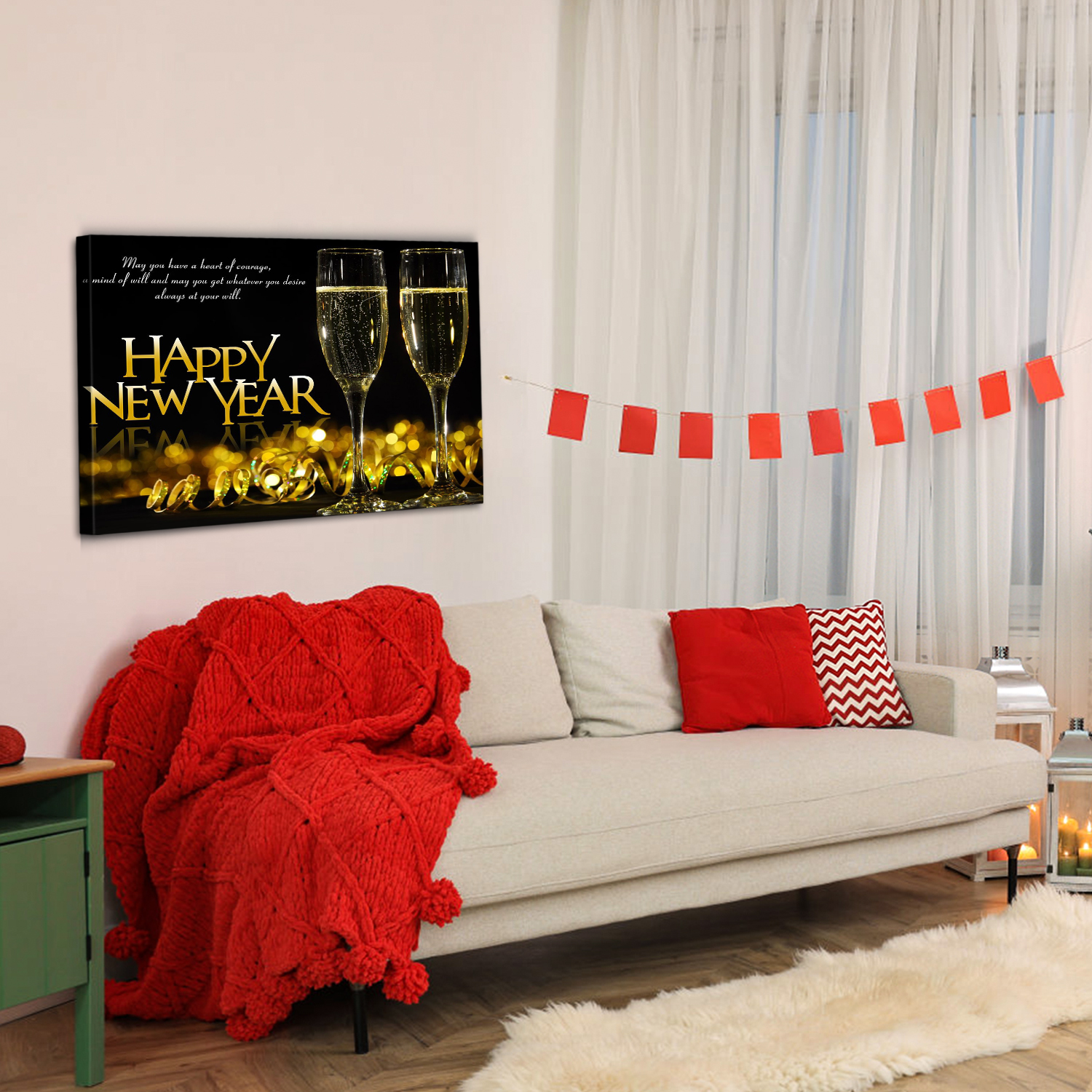 Framed Canvas Wall Art Decor Painting For New Year, Golden Happy New Year Bless Champagne  Gift Painting For New Year  For Chrismas Eve Office Living Room, Bedroom Decor-2418in-Thickness 1.5inch