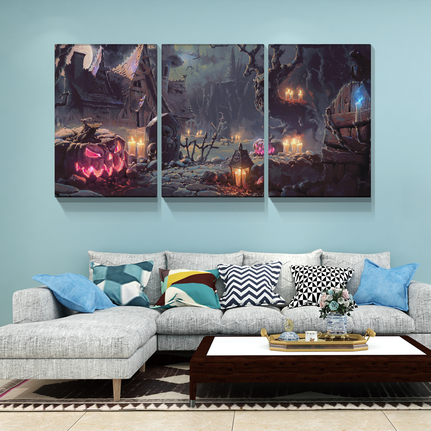 3 Panel Canvas Wall Art Prints Halloween Painting Print Gallery Wrap Artwork for Living Room Decoration 1624inch  Thickness 1.5inch