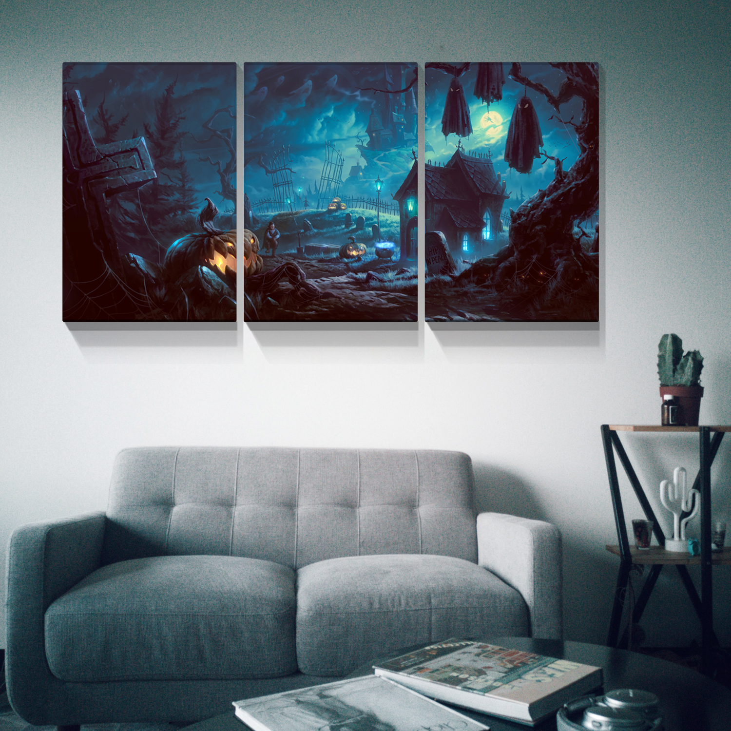 Modern Halloween Painting on Canvas 3 Panels Pictures Wall Art for Living Room Home Decor Wooden Framed Stretched Ready to Hang 1216inch Thickness 1.5inch