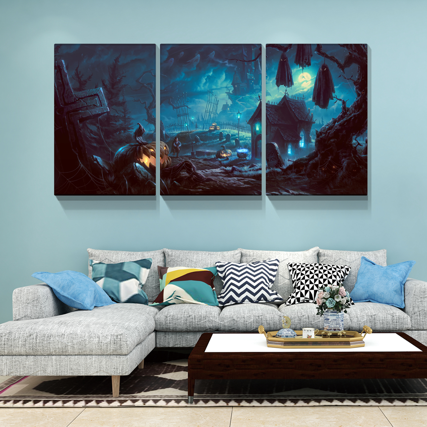 Modern Halloween Painting on Canvas 3 Panels Pictures Wall Art for Living Room Home Decor Wooden Framed Stretched Ready to Hang 1216inch Thickness 1.5inch