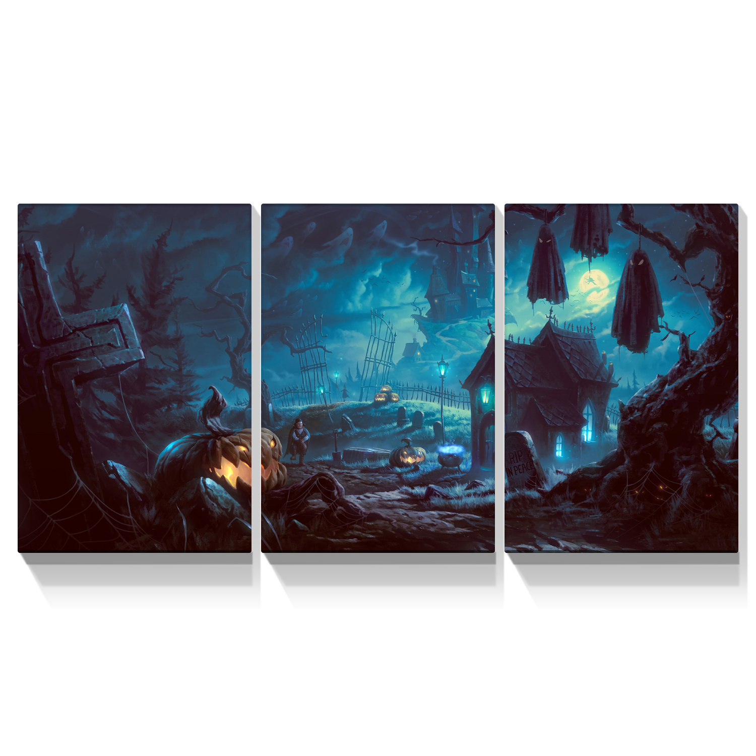 Modern Halloween Painting on Canvas 3 Panels Pictures Wall Art for Living Room Home Decor Wooden Framed Stretched Ready to Hang 1216inch Thickness 1.5inch